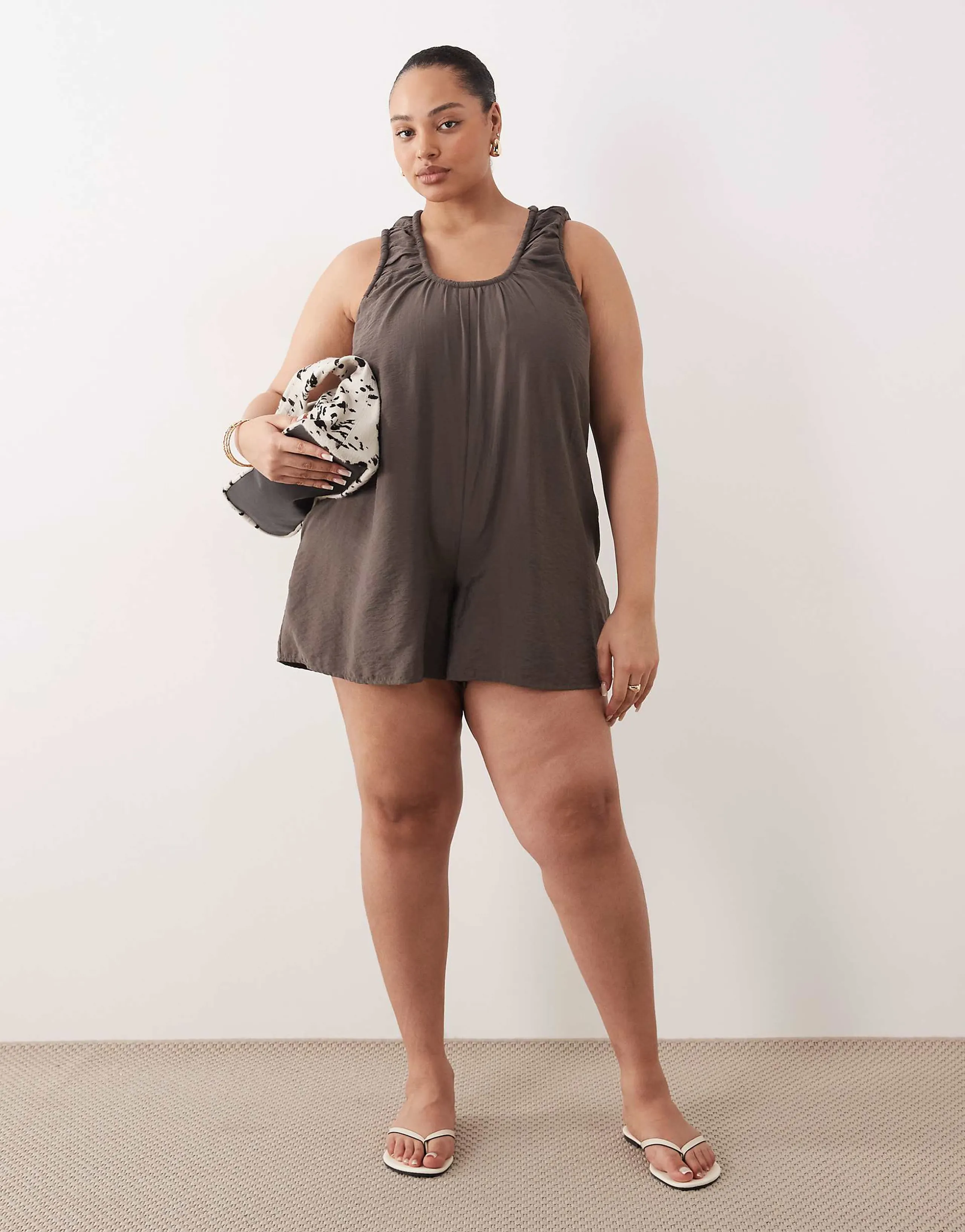 ASOS DESIGN Curve scoop neck smock romper in charcoal