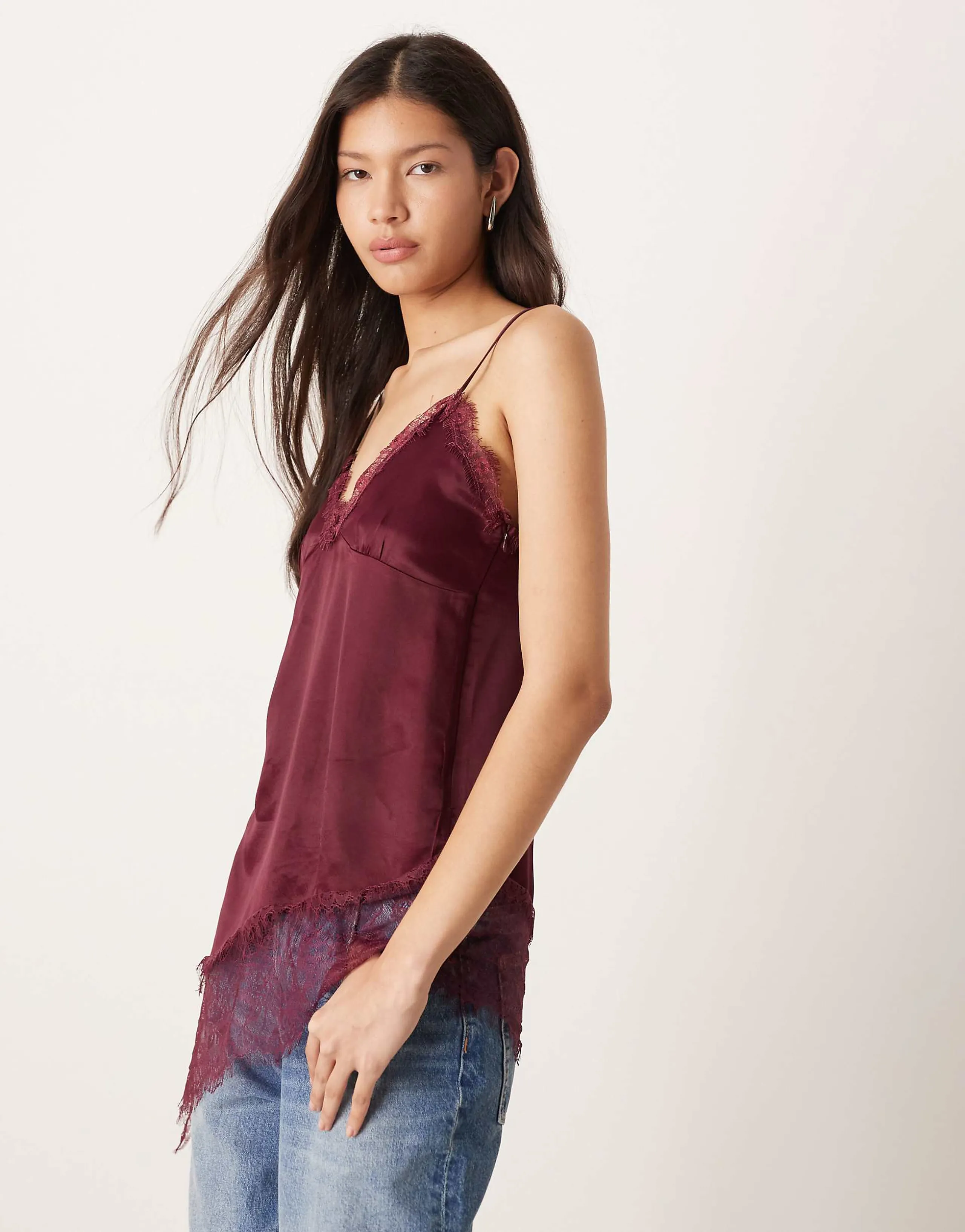 ASOS DESIGN satin lace trim asymmetric hem cami top in plum