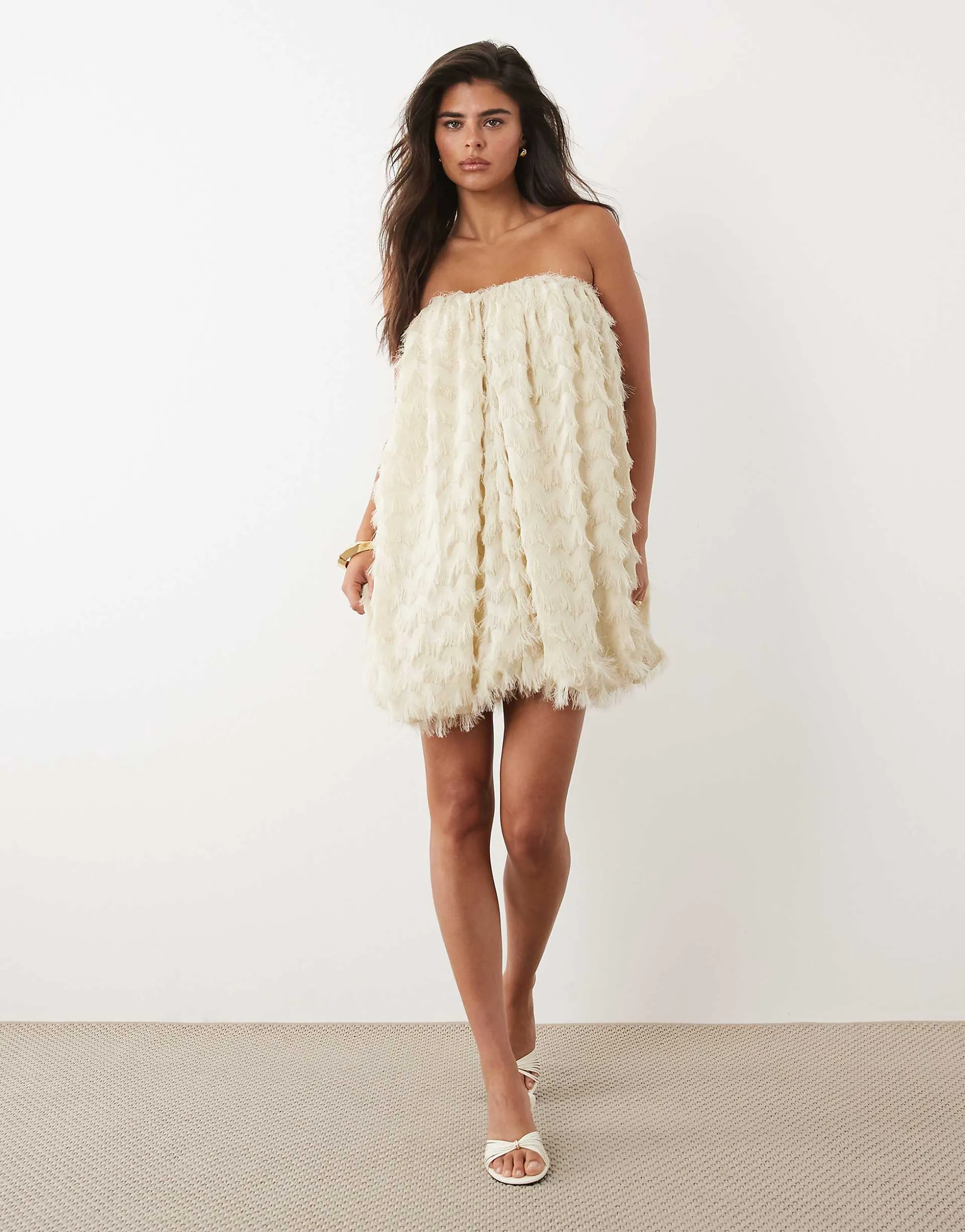 ASOS DESIGN wave textured bubble hem sweetheart neck mini dress in stone