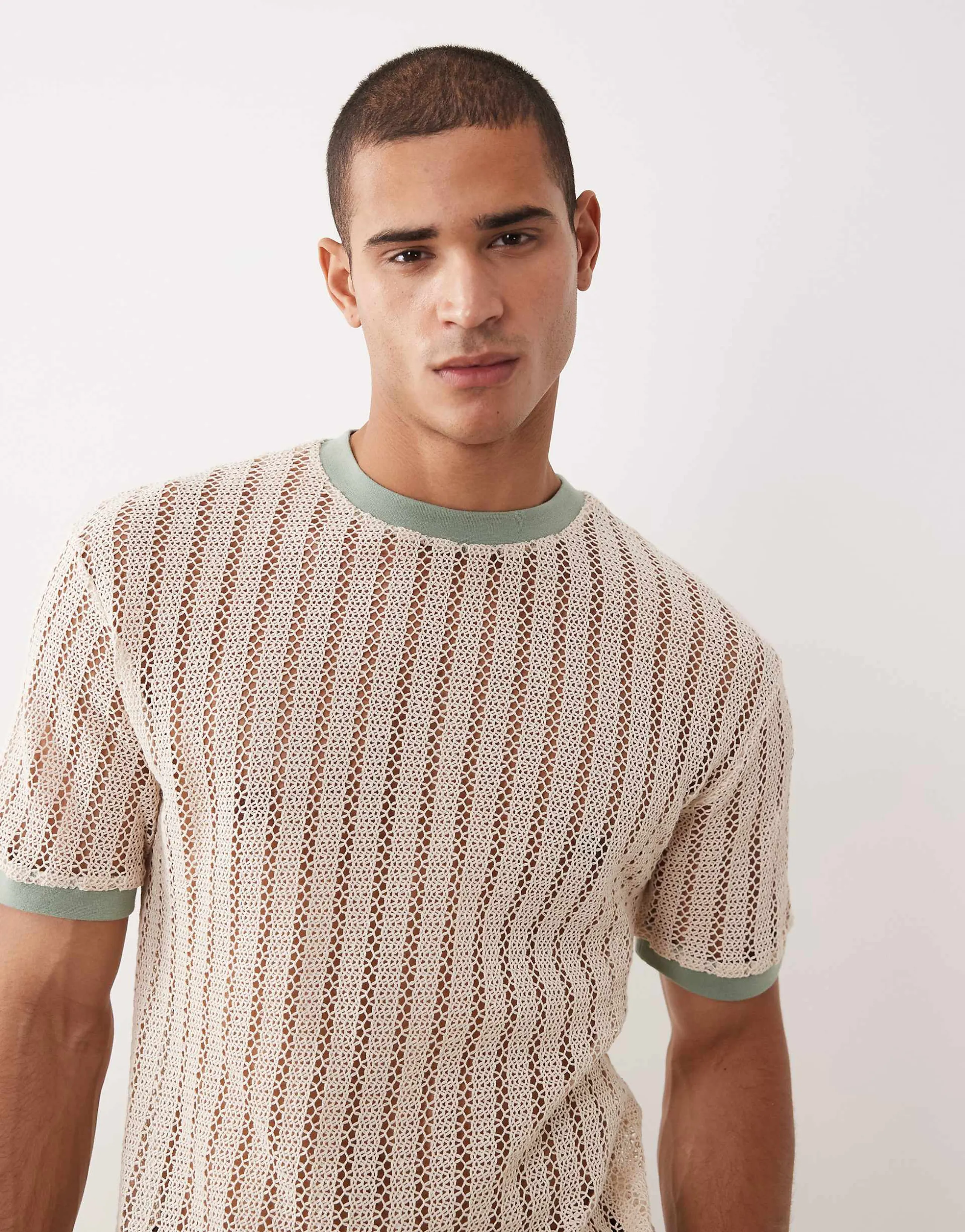 ASOS DESIGN relaxed ringer T-shirt in cream knit ribbed texture