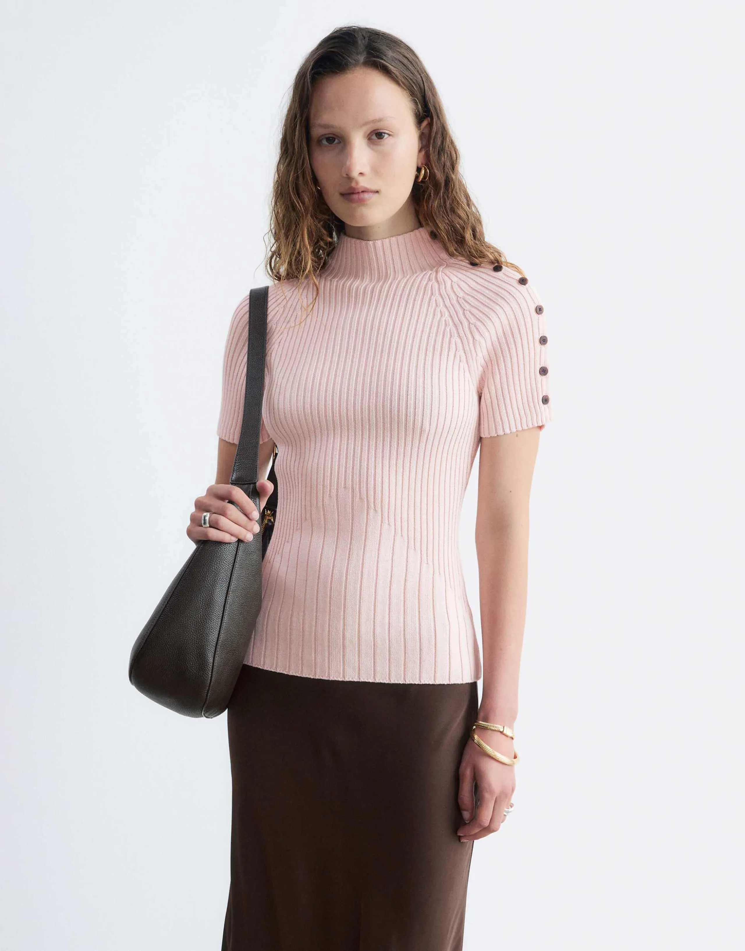 & Other Stories cotton blend short sleeve knit top with shoulder button detail in light pink