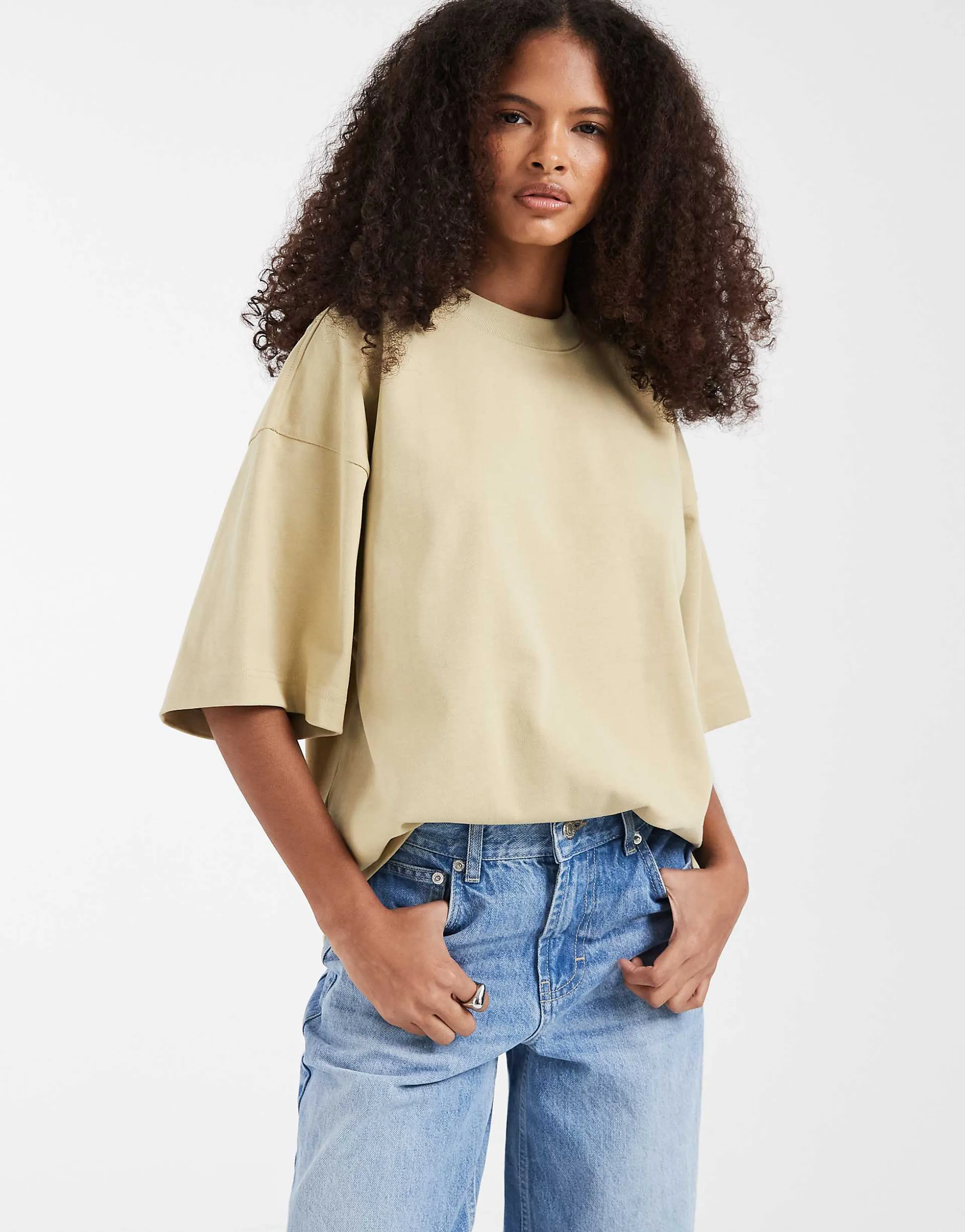 & Other Stories heavy weight oversized drop shoulder T-shirt in khaki beige