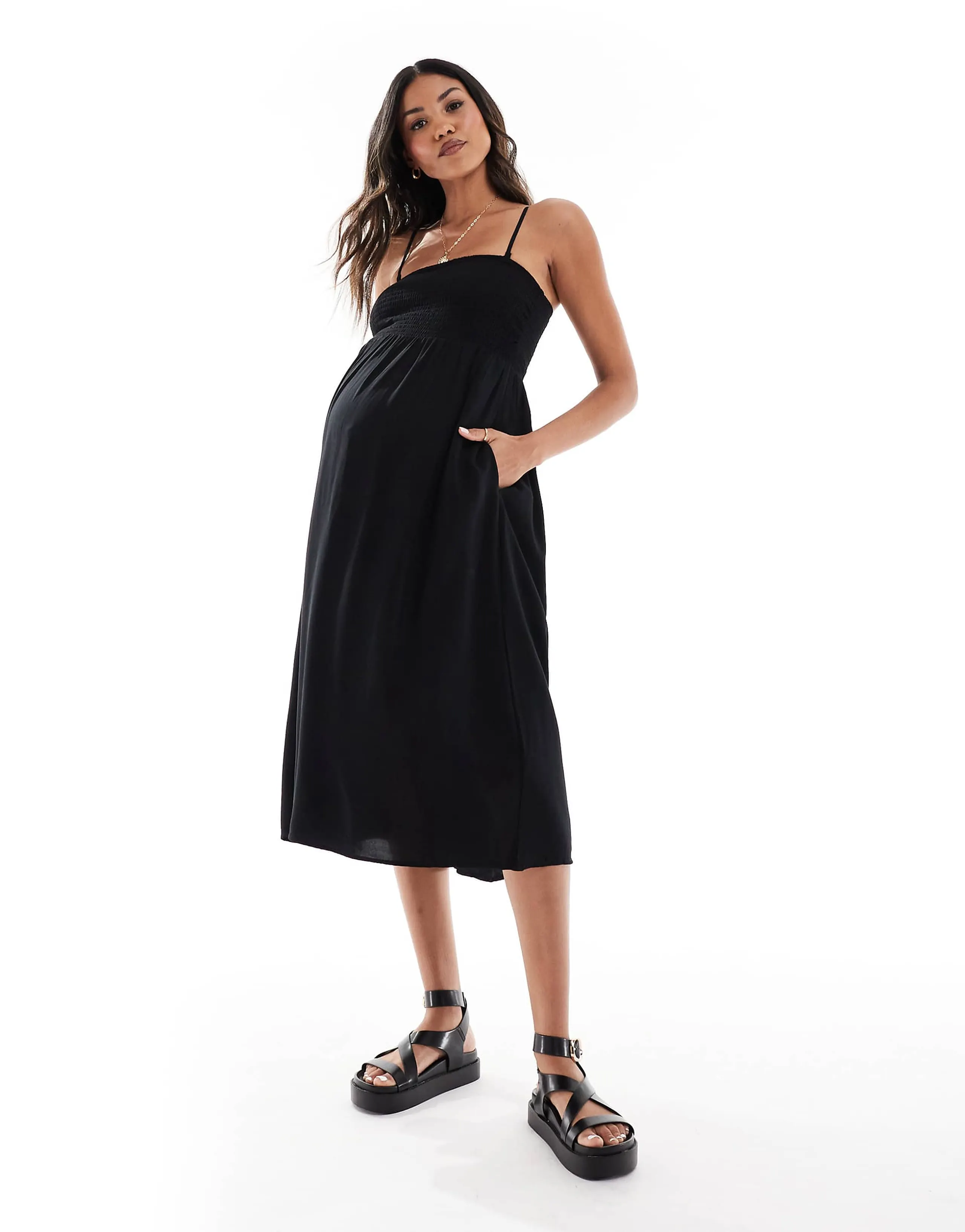 Vero Moda Maternity Easy shirred cami ankle dress in black
