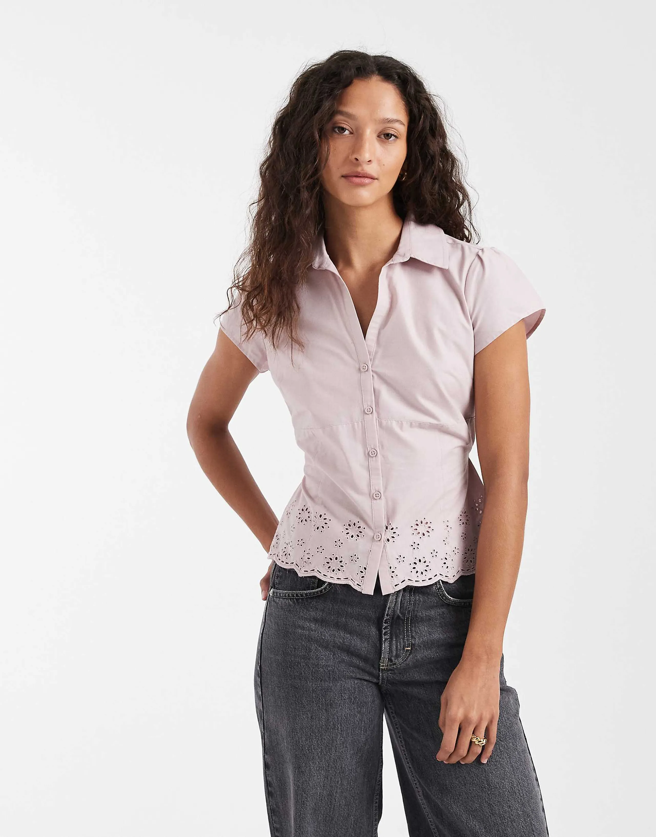 Hollister embroidered short sleeve shirt in dusty pink