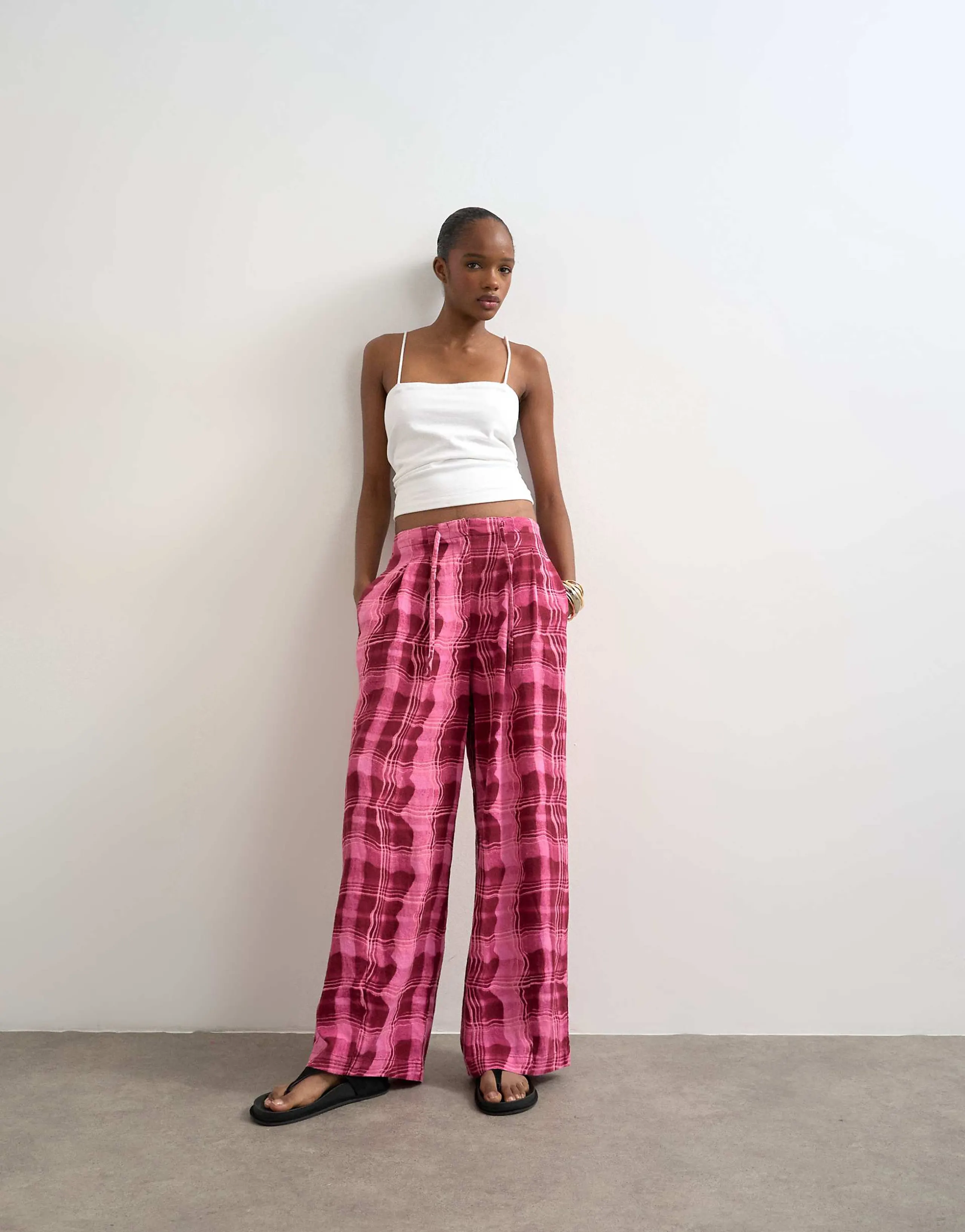 Topshop linen blend balloon pants with tie waist in pink plaid