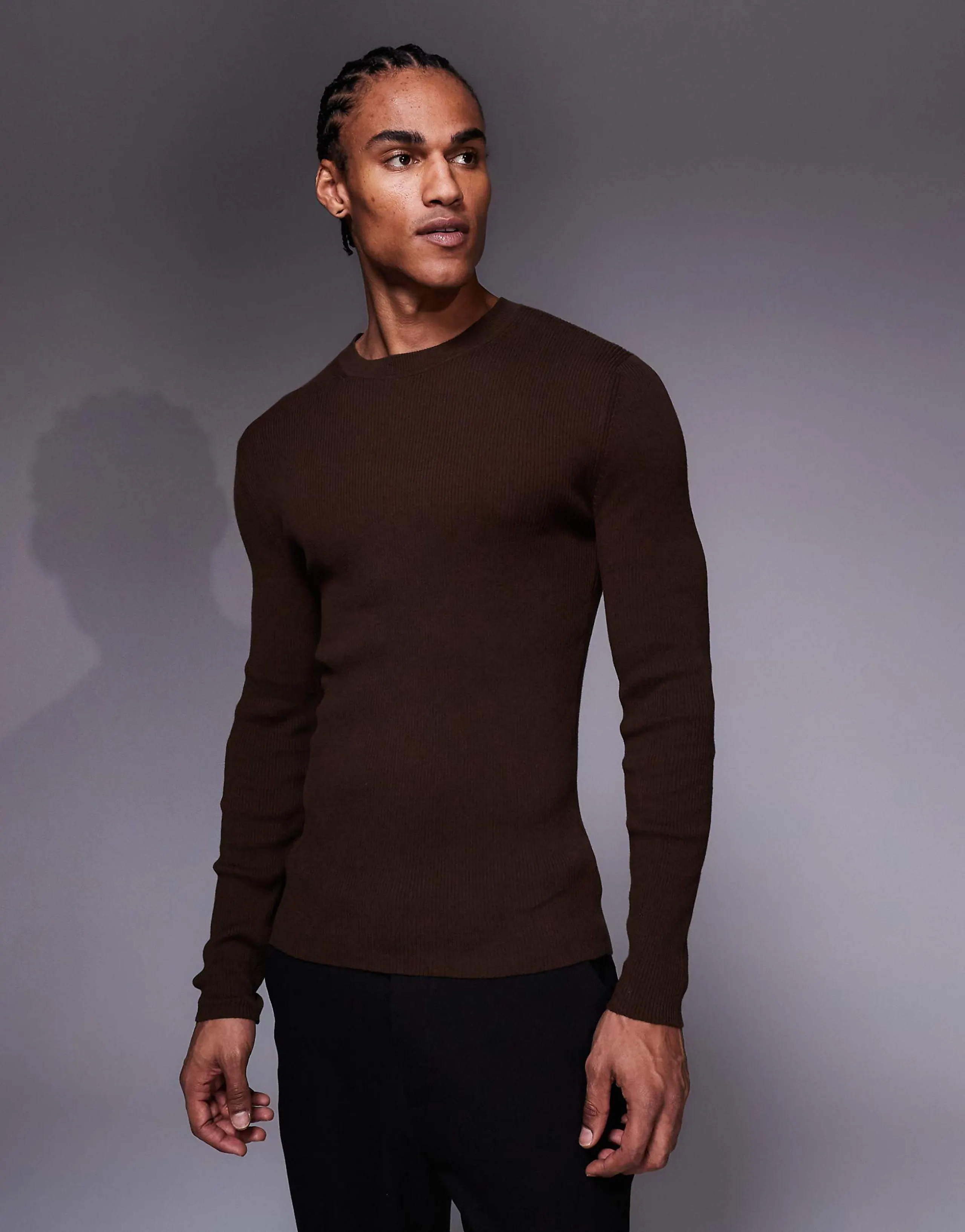 ASOS DESIGN Essential muscle fit fine-rib knit crew neck T-shirt in brown