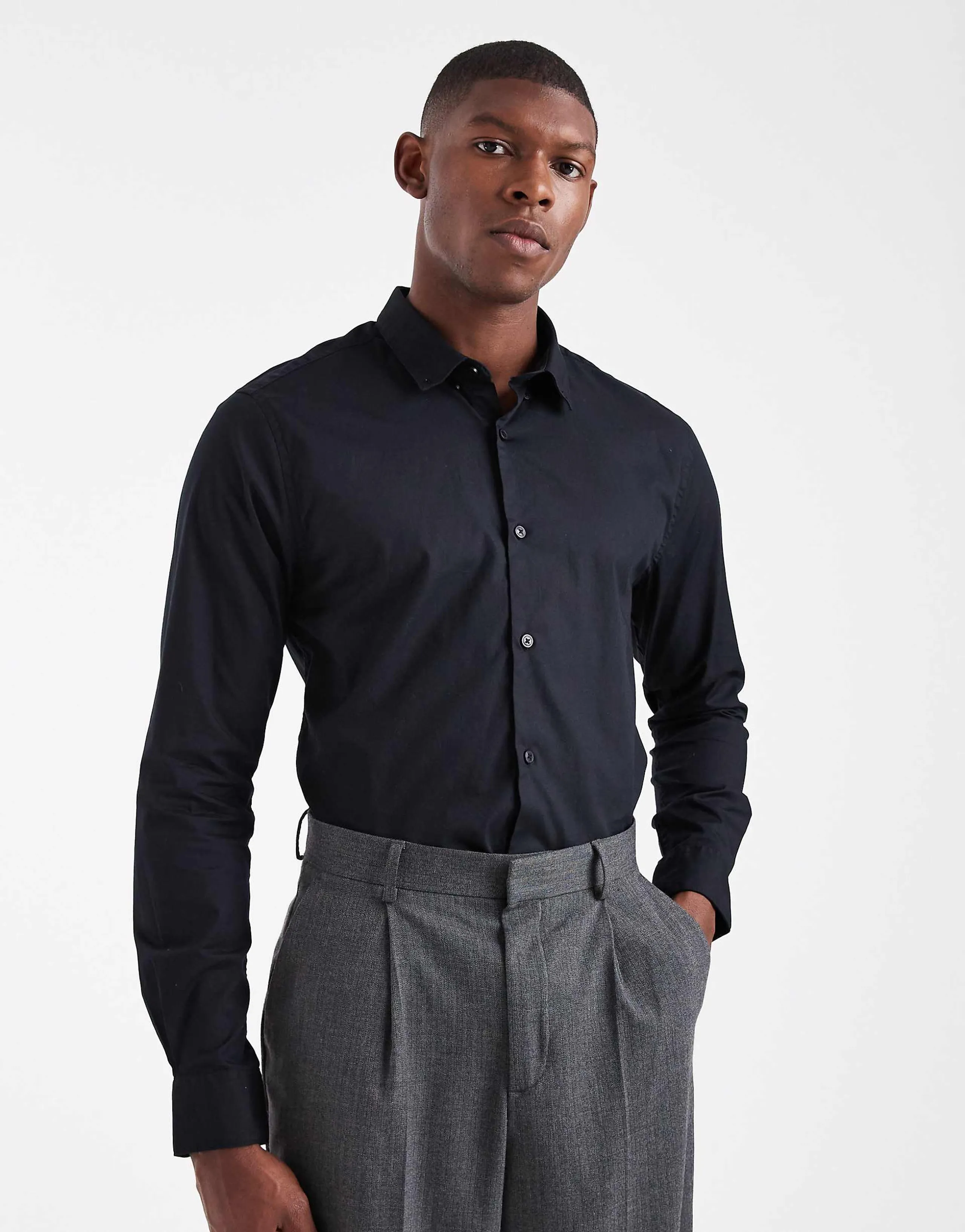 Only & Sons slim fit stretch poplin shirt in black