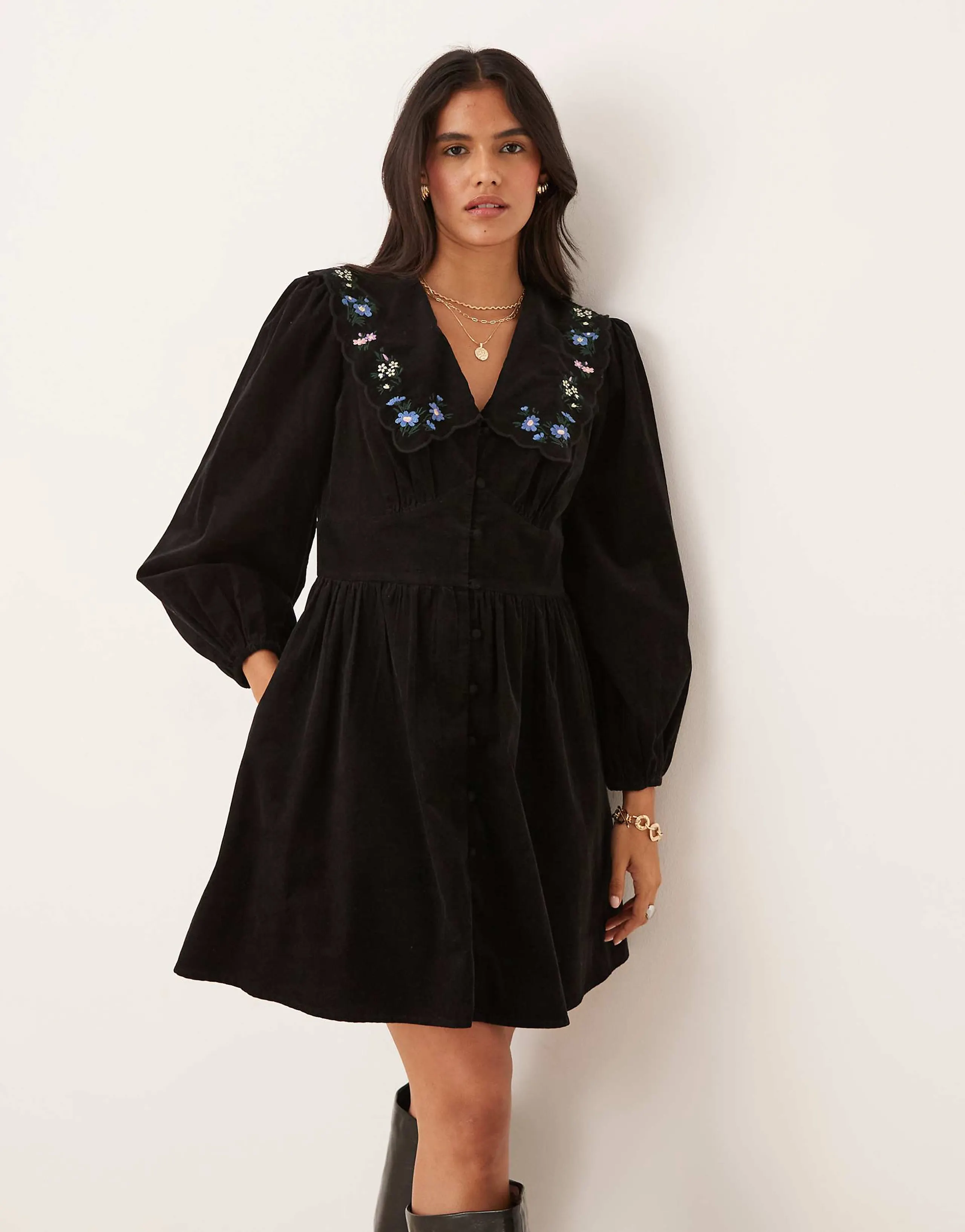 Nobody's Child Birdie mini dress with embroidered collar in black
