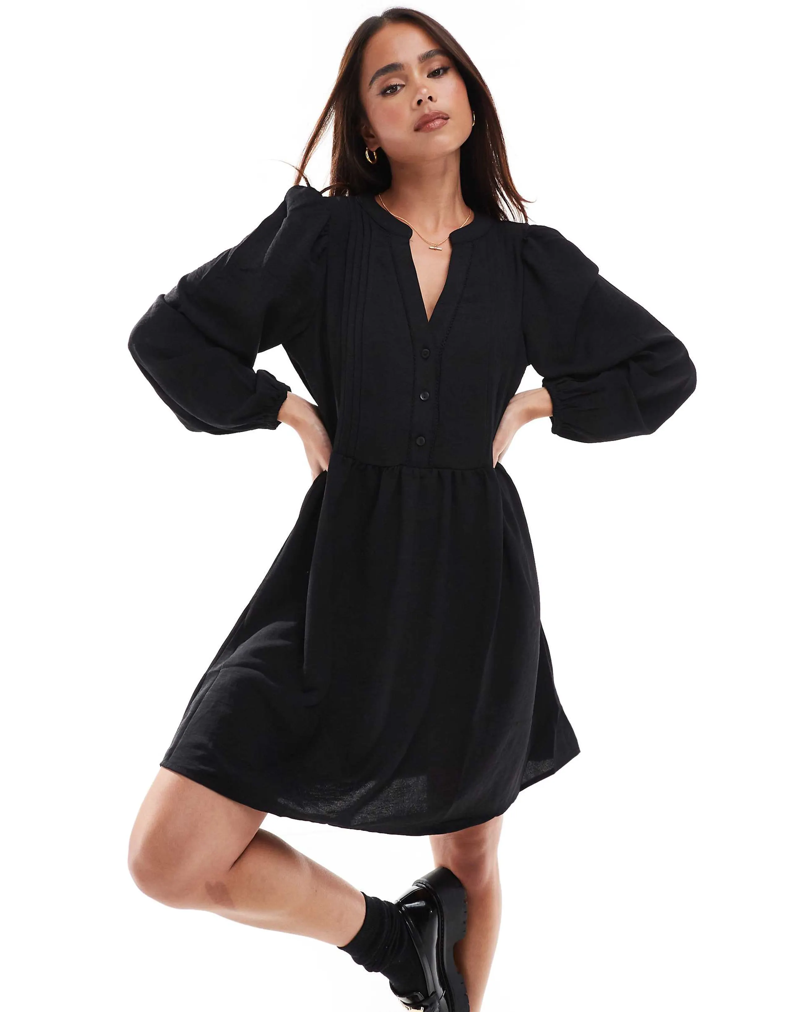 Vero Moda v-neck smock mini dress with puff sleeves in black