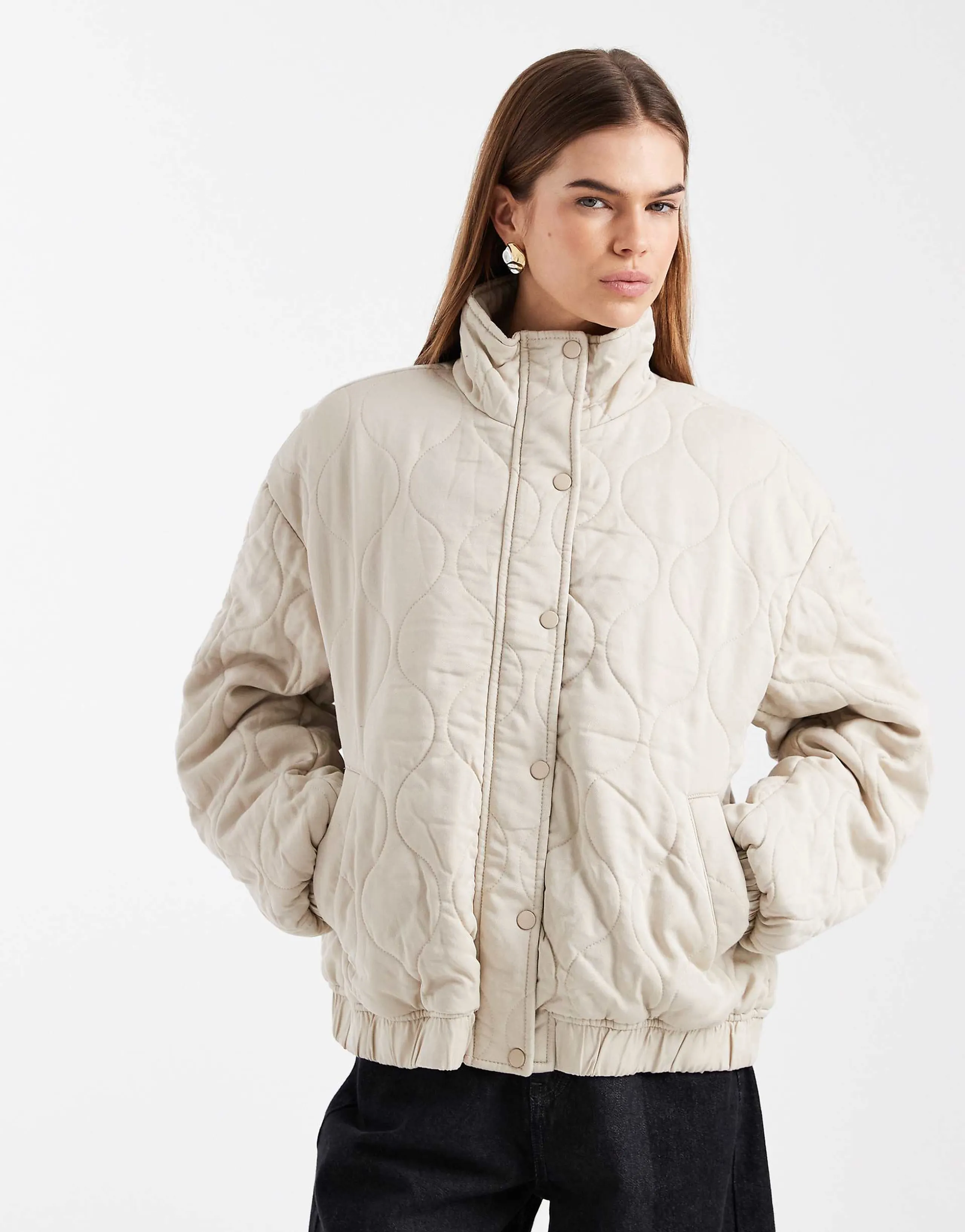 ASOS DESIGN quilted bomber jacket with yoke detail in sage