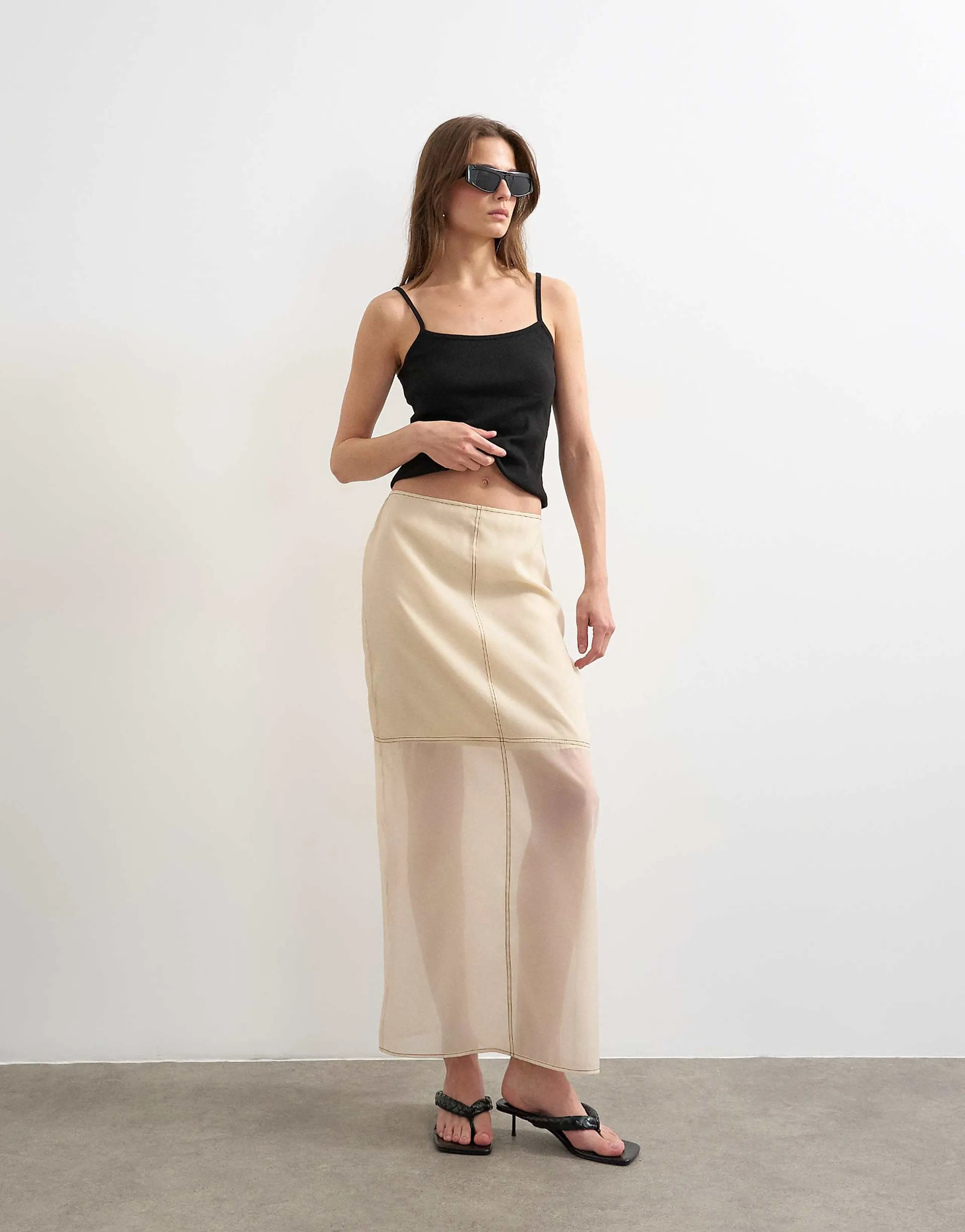 Topshop organza column maxi skirt with contrast stitching in oyster