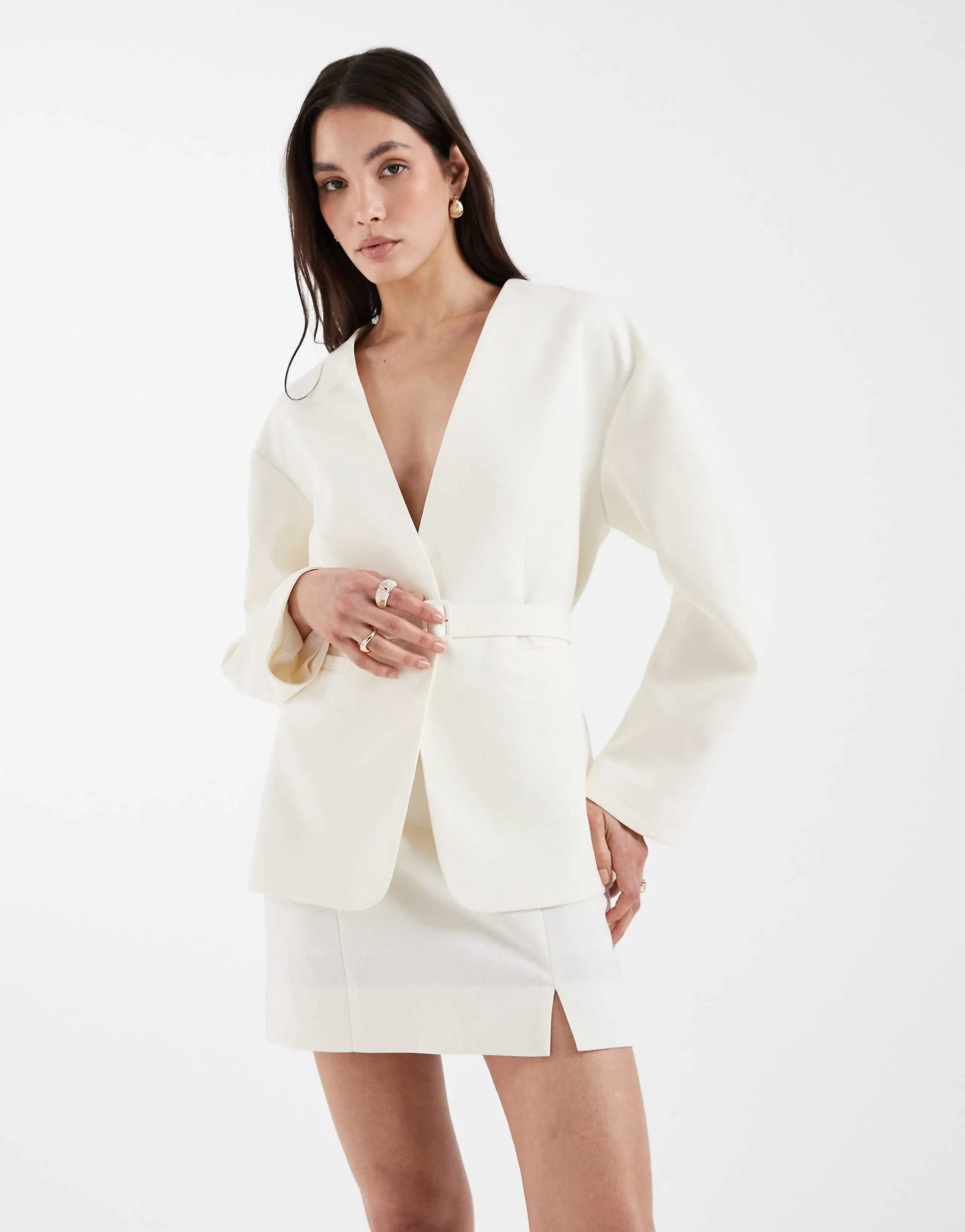 ASOS DESIGN tailored skirt with split in linen look texture in buttermilk