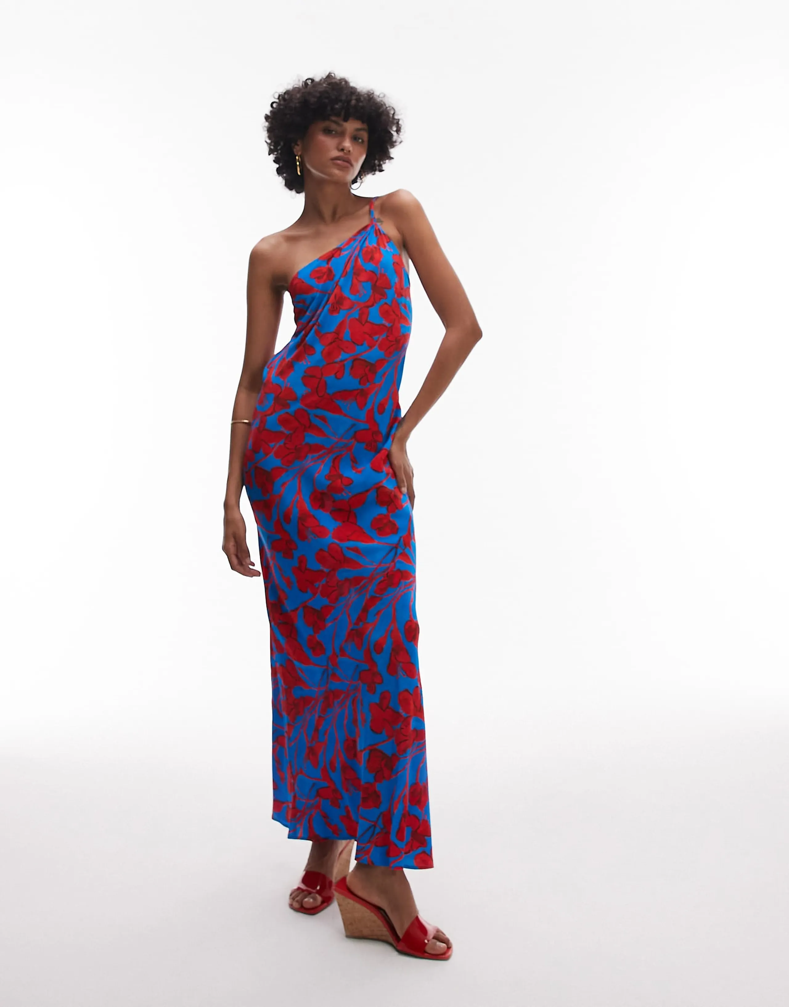 Topshop asymmetric one-shoulder open back midi occasion dress in bold red and blue floral