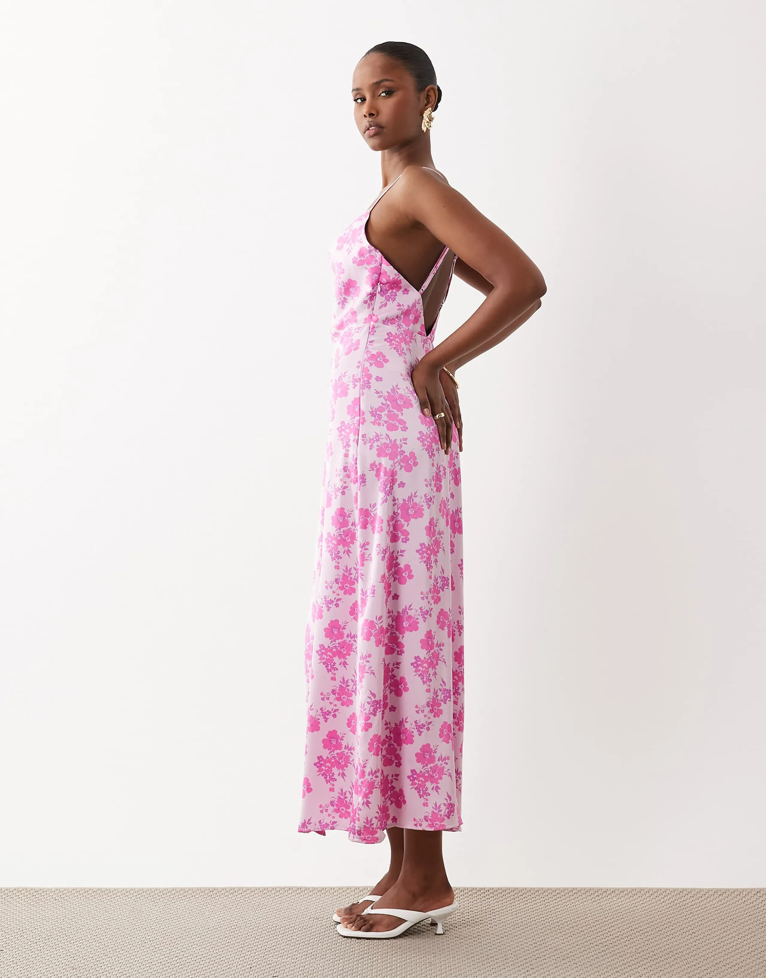VILA satin cowl neck maxi dress in pale pink delicate floral print