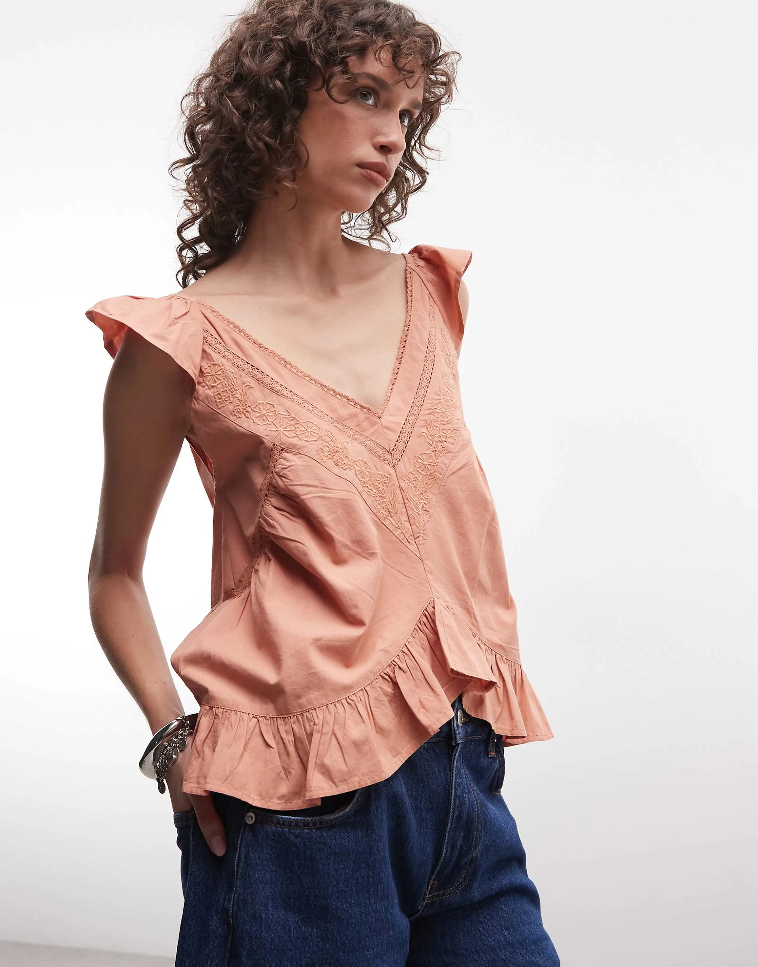 Reclaimed Vintage top with frill sleeves and lace trim in washed orange