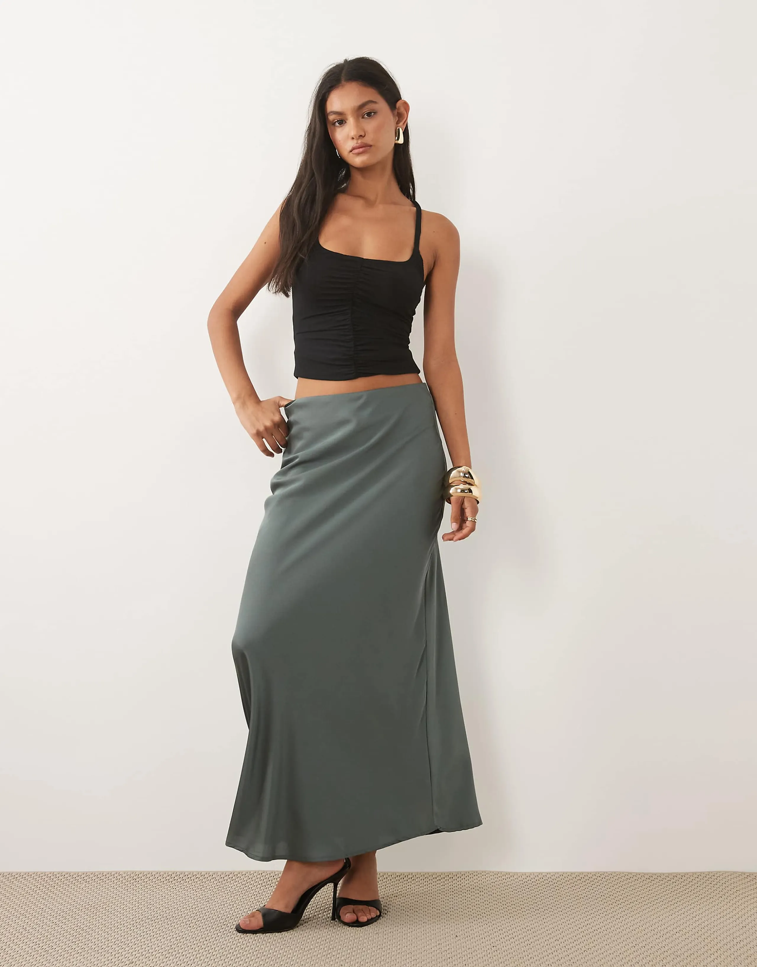 VILA satin maxi skirt in balsam green