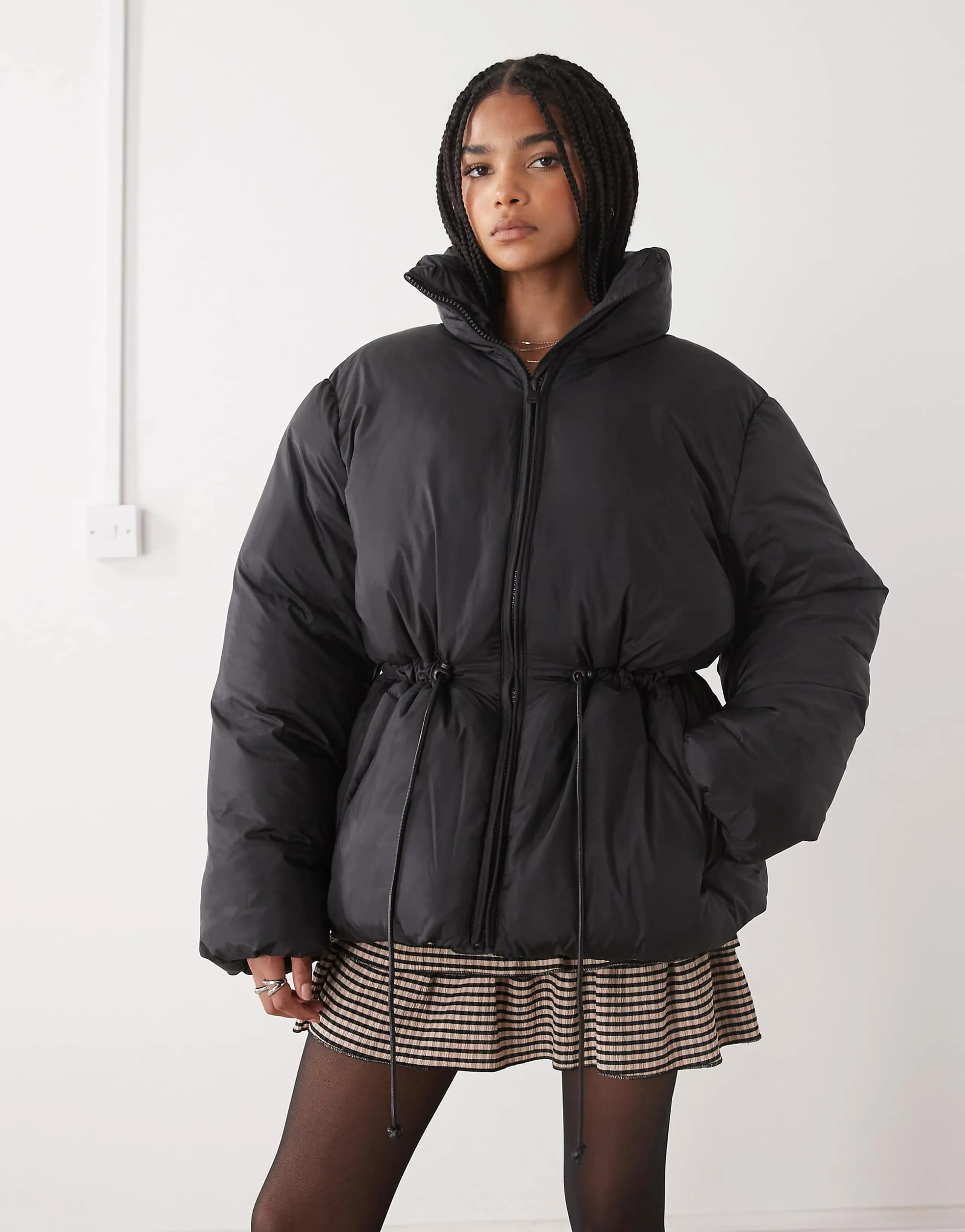Monki oversized tie cinch waist puffer jacket in black
