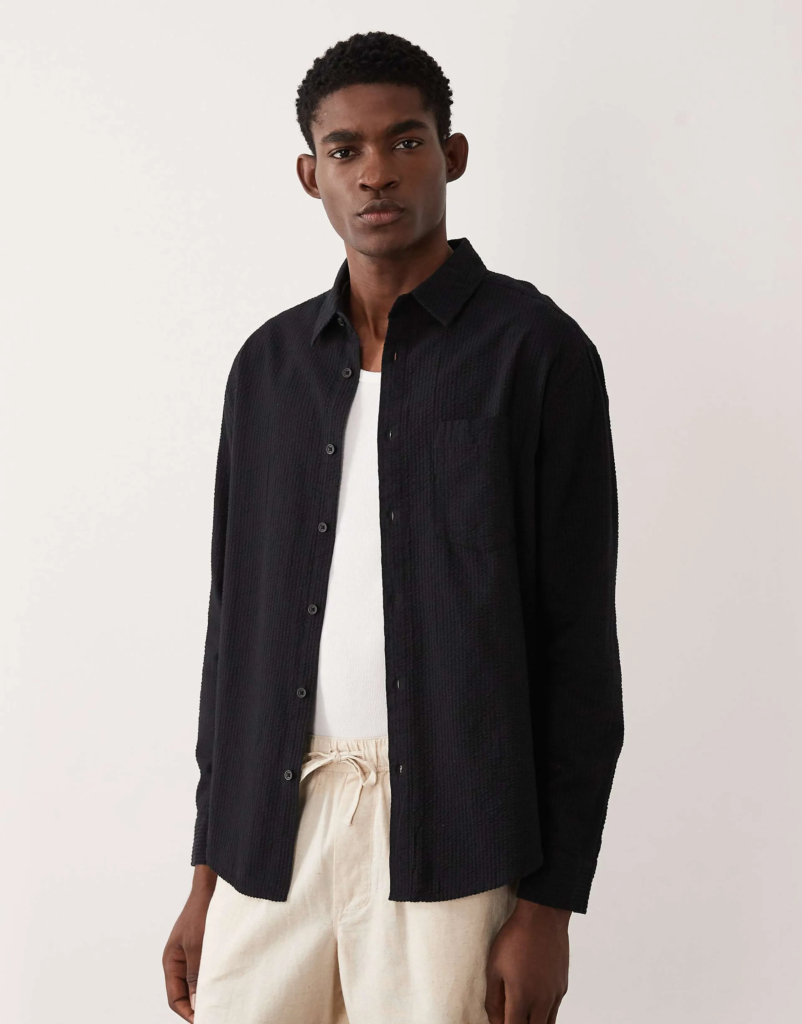 ASOS DESIGN relaxed seersucker shirt in black