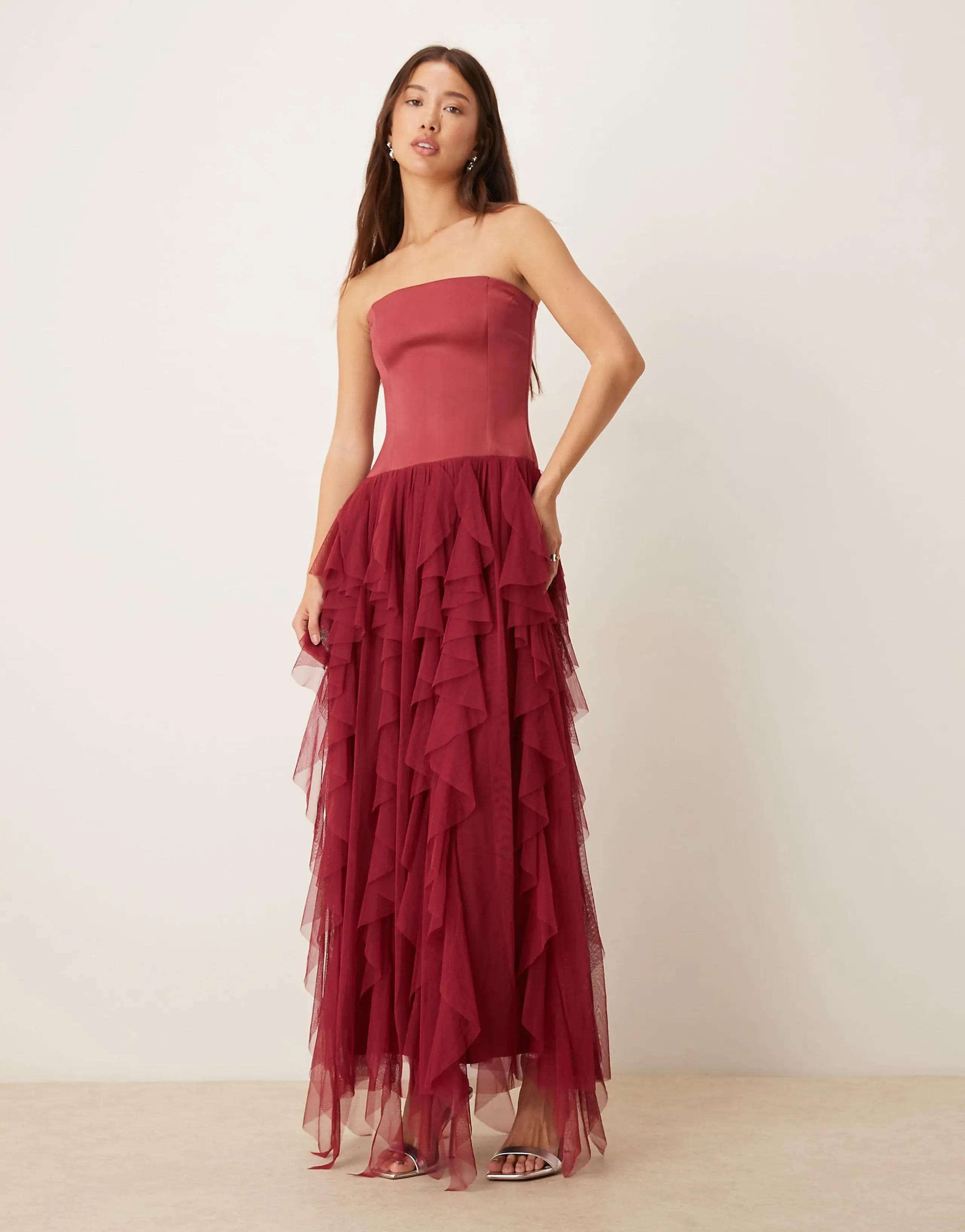 Lace & Beads bandeau tulle ruffle detail maxi dress in burgundy