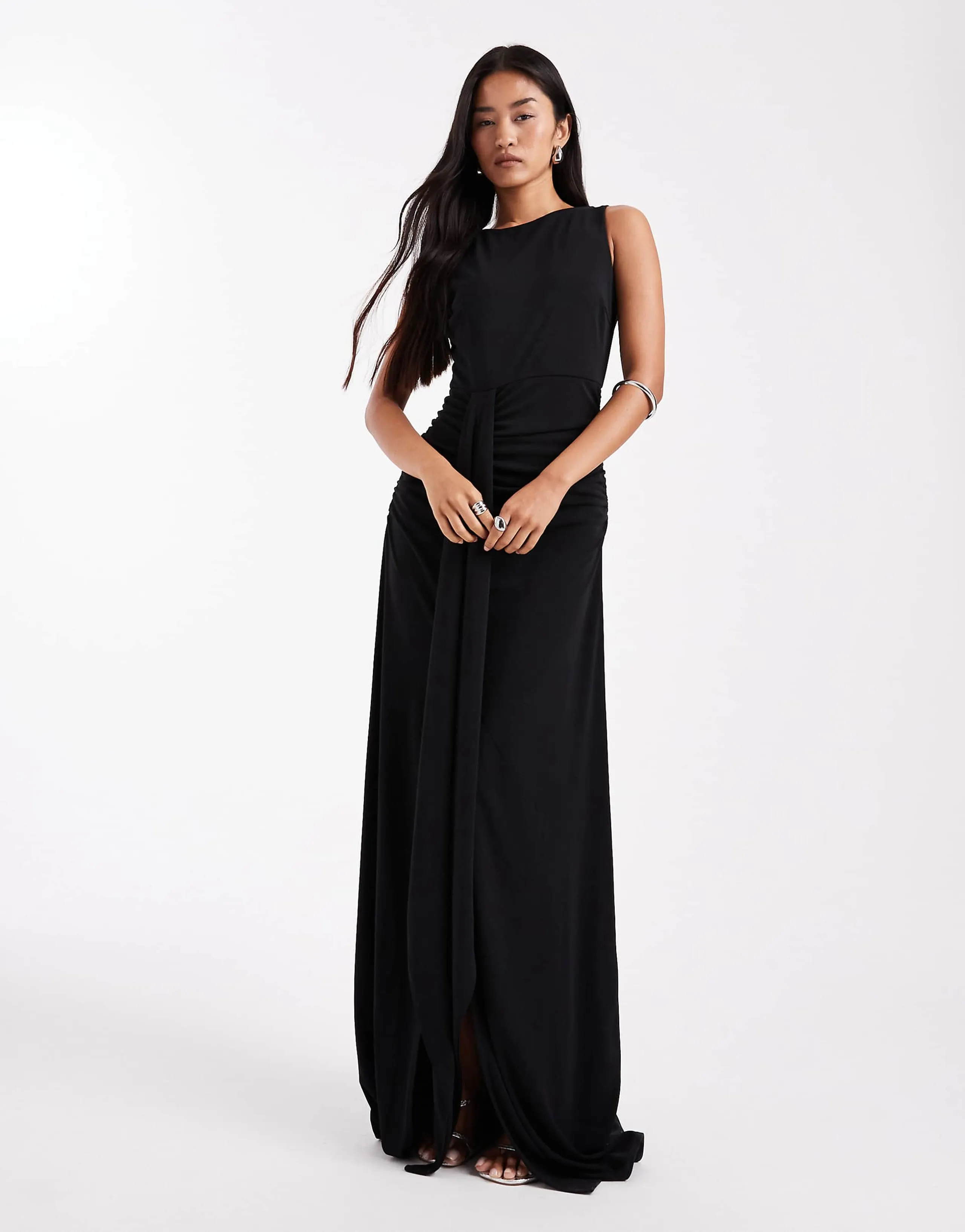 Six Stories Bridesmaids stretch high neck sleeveless maxi dress with ruched front in wine