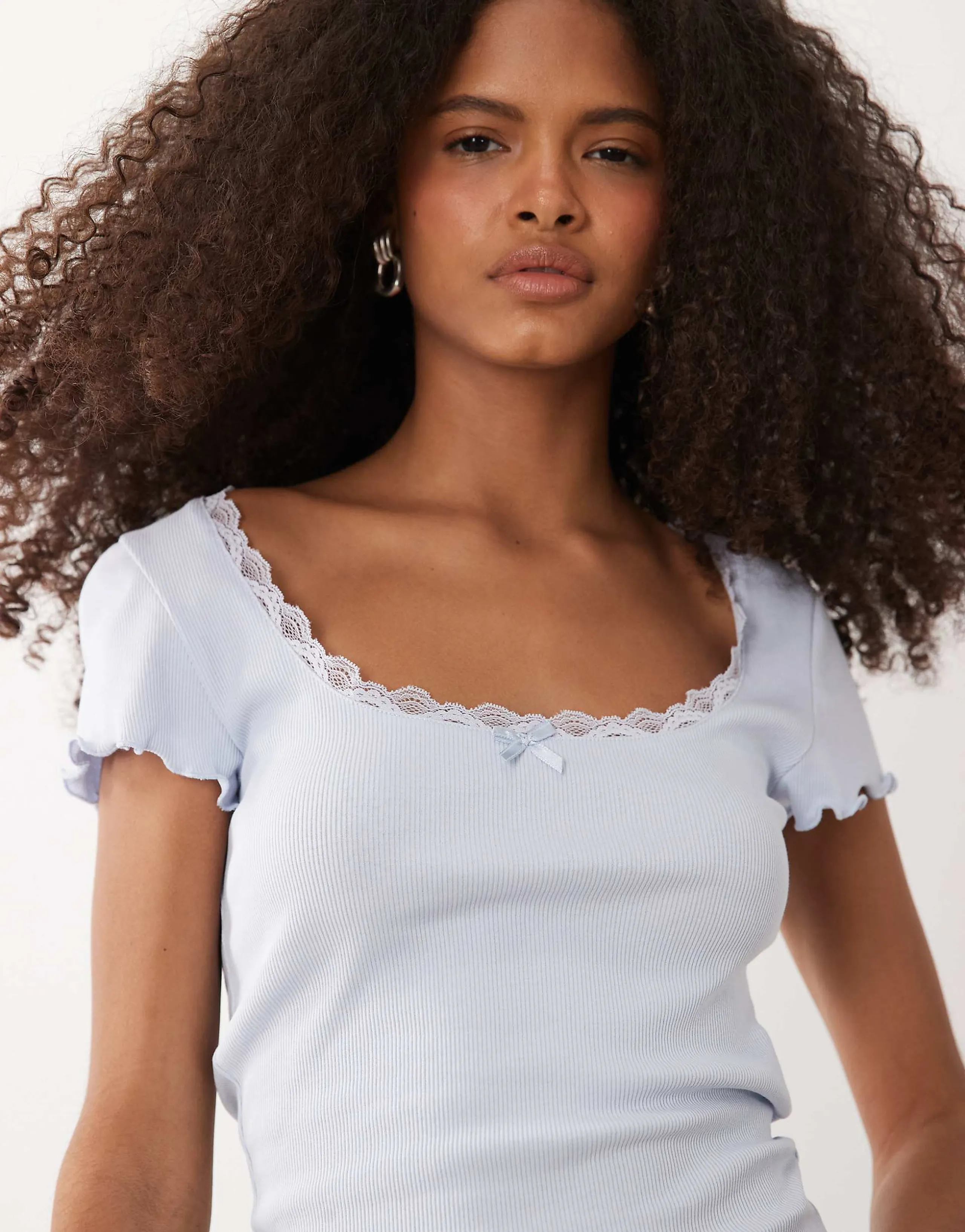 Miss Selfridge square neck lace trim short sleeve top in blue