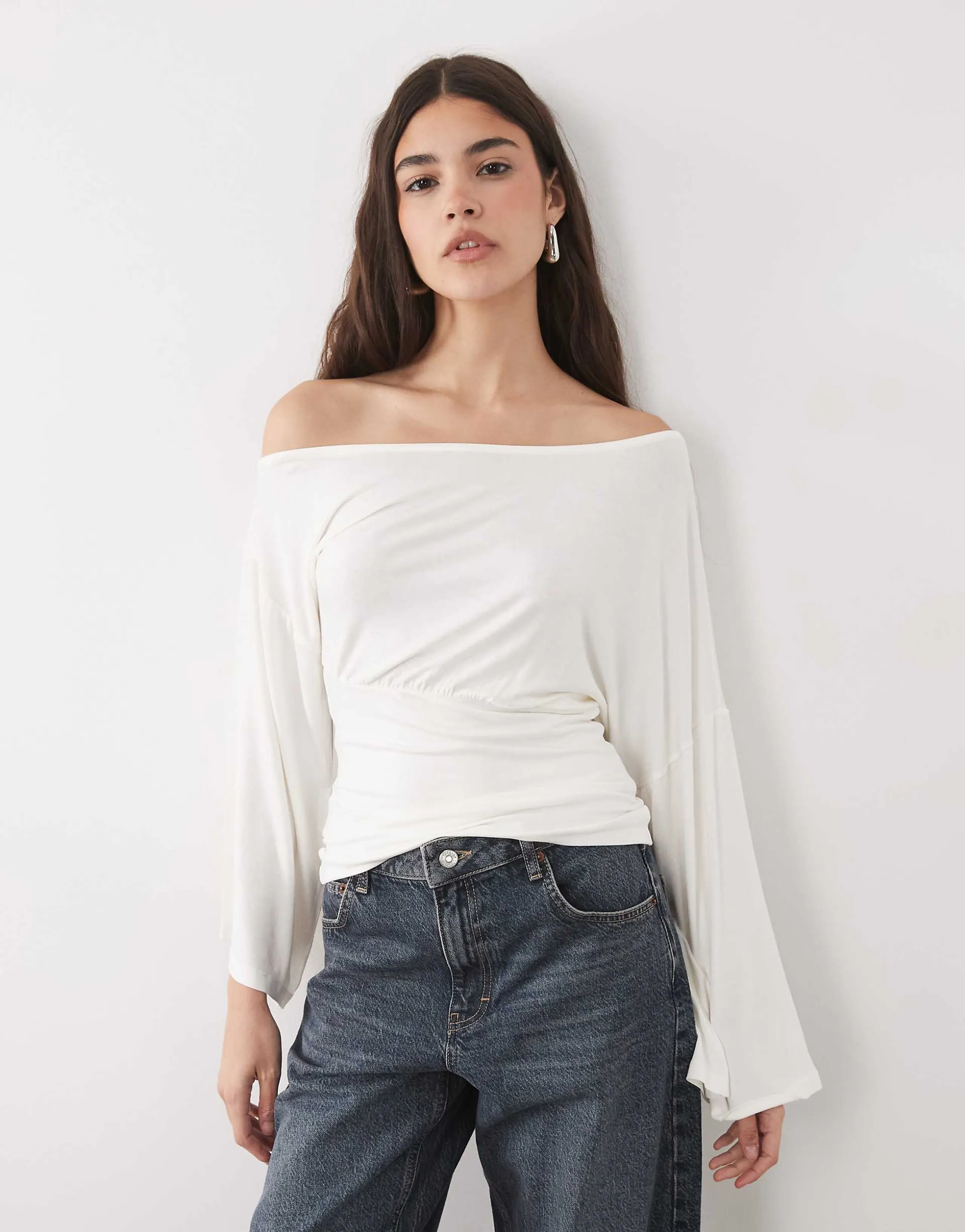 ASOS DESIGN fallen shoulder cinched waist top in white