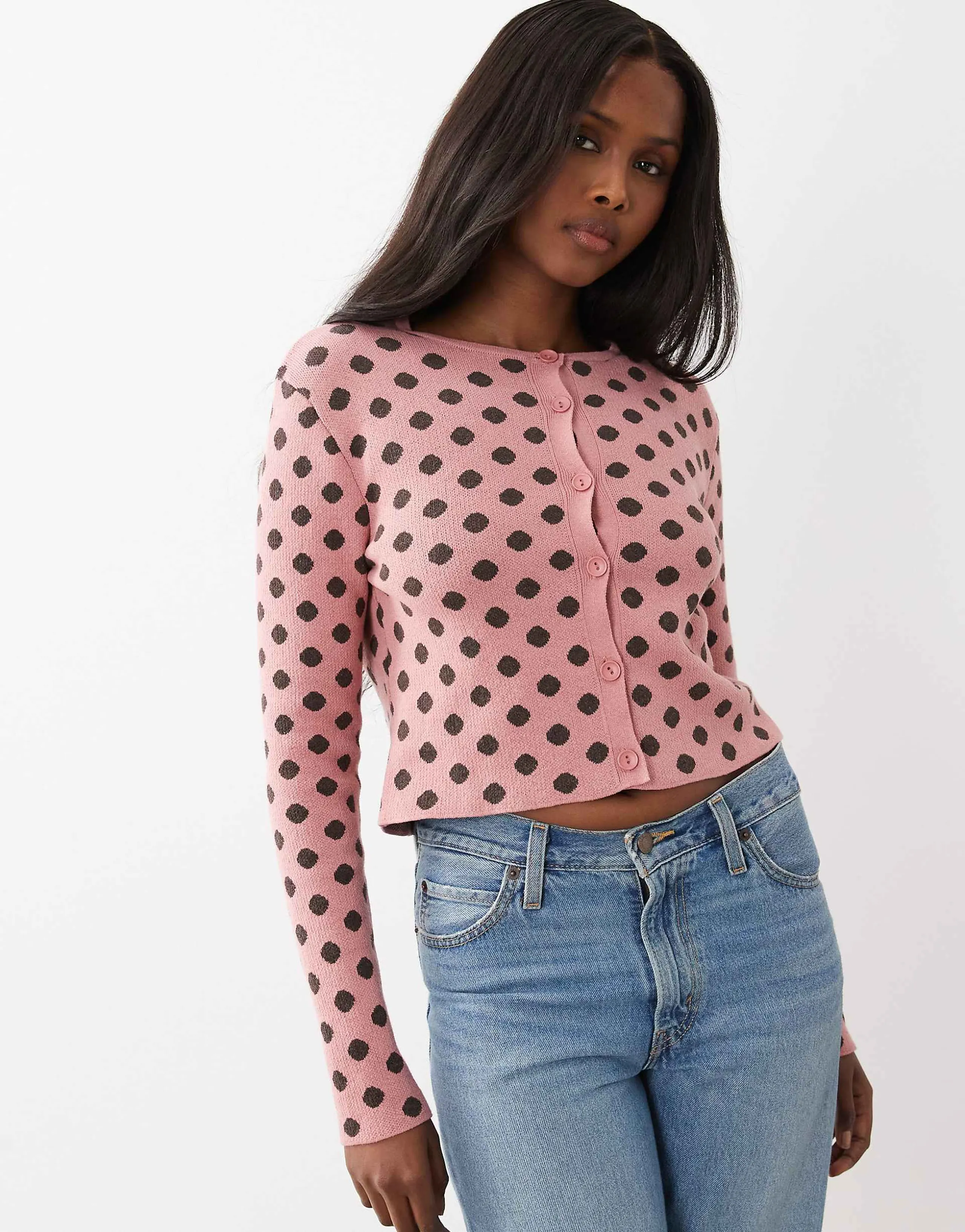 ASOS DESIGN knit cropped cardigan in pink polka dots