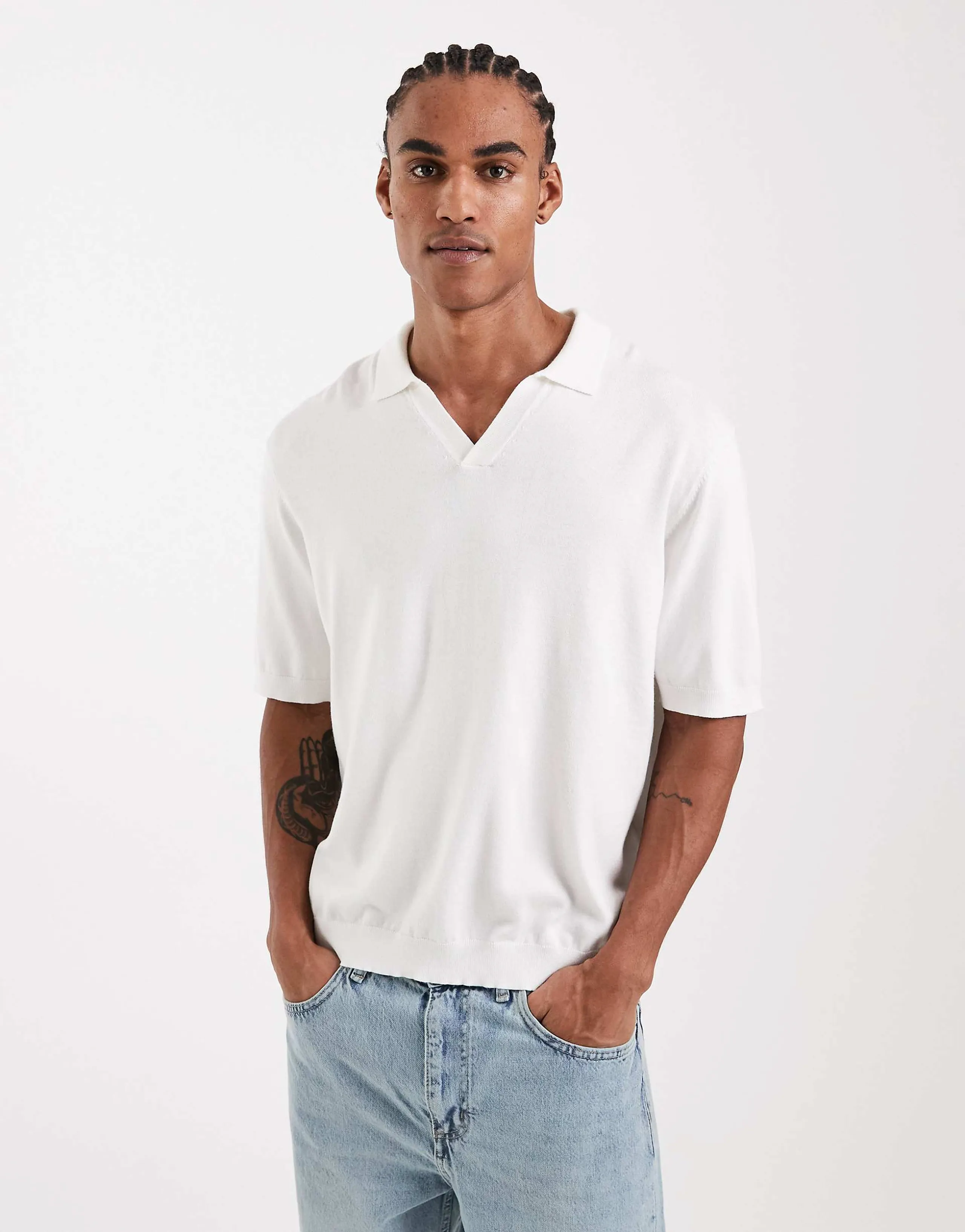 ONLY & SONS relaxed fit split neck polo shirt in white