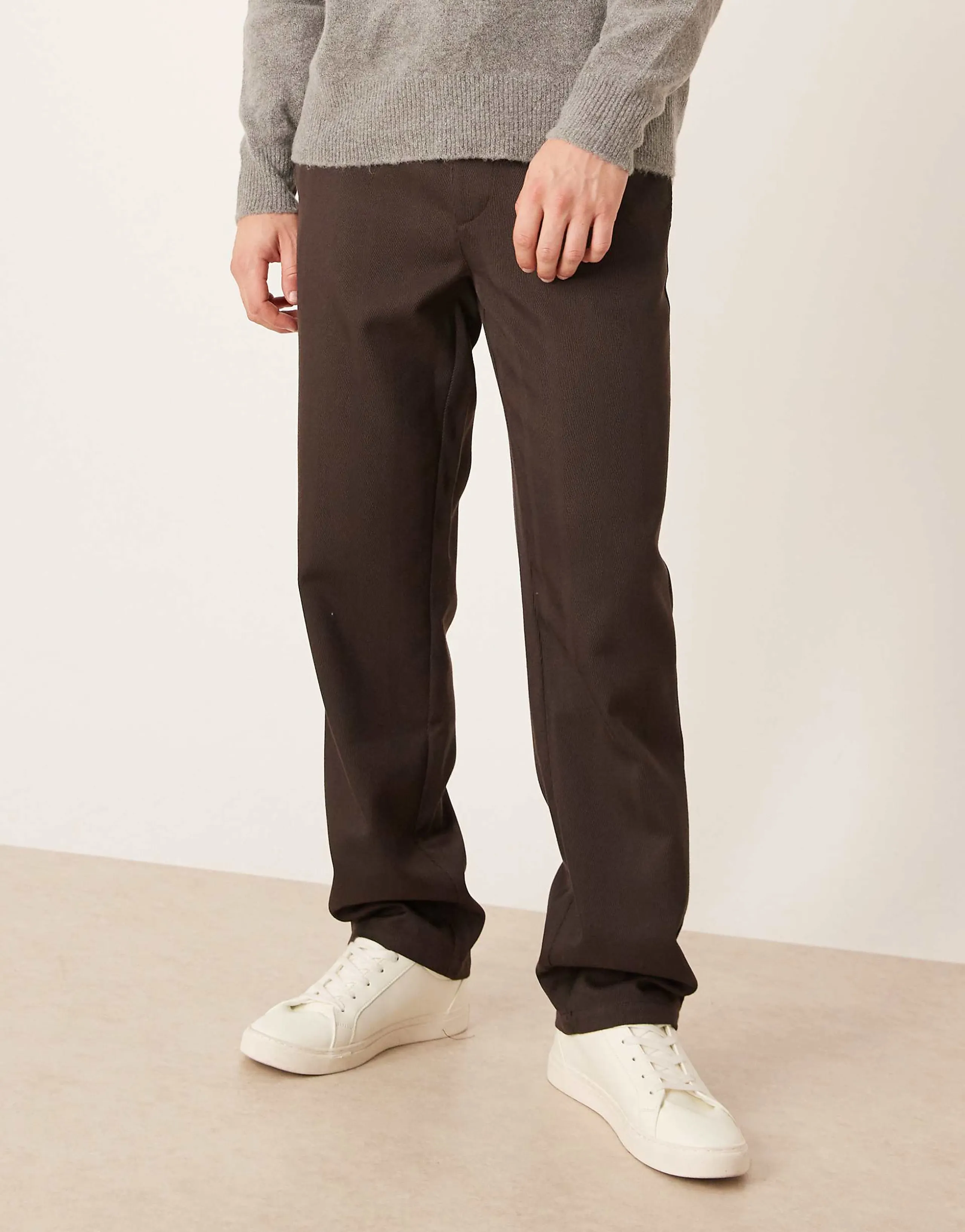 ASOS DESIGN straight pants in brown wool look herringbone with belt tie