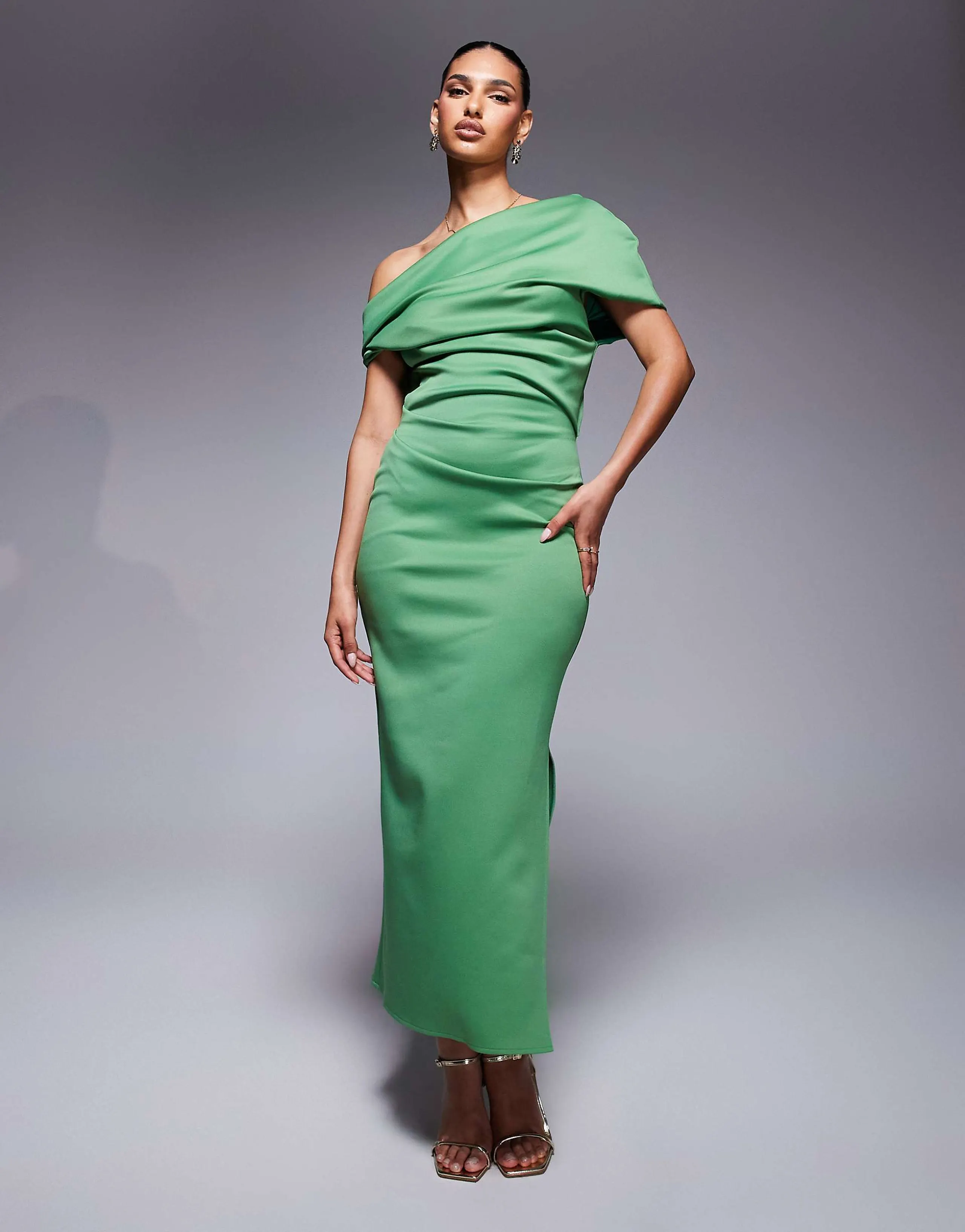 ASOS DESIGN structured midi dress with fallen shoulder in green in scuba-style fabric
