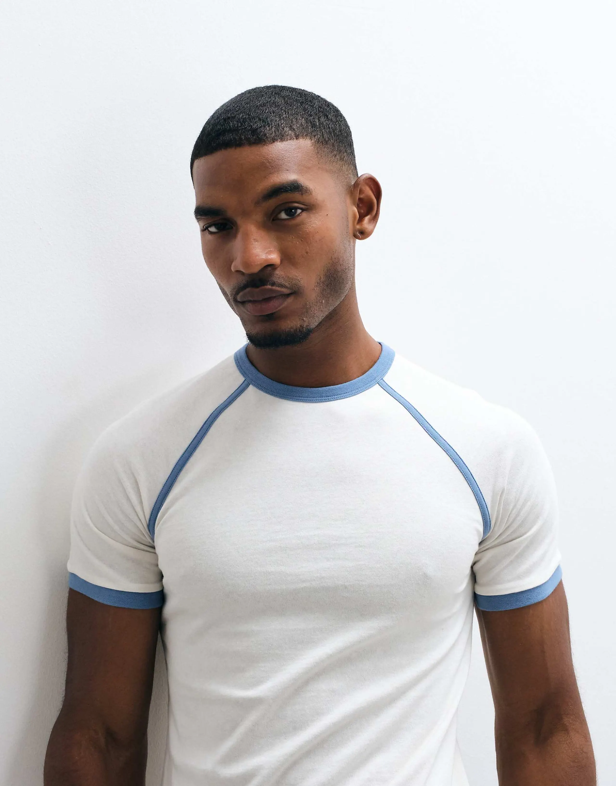 ASOS DESIGN slim fit raglan ringer T-shirt in cream and blue