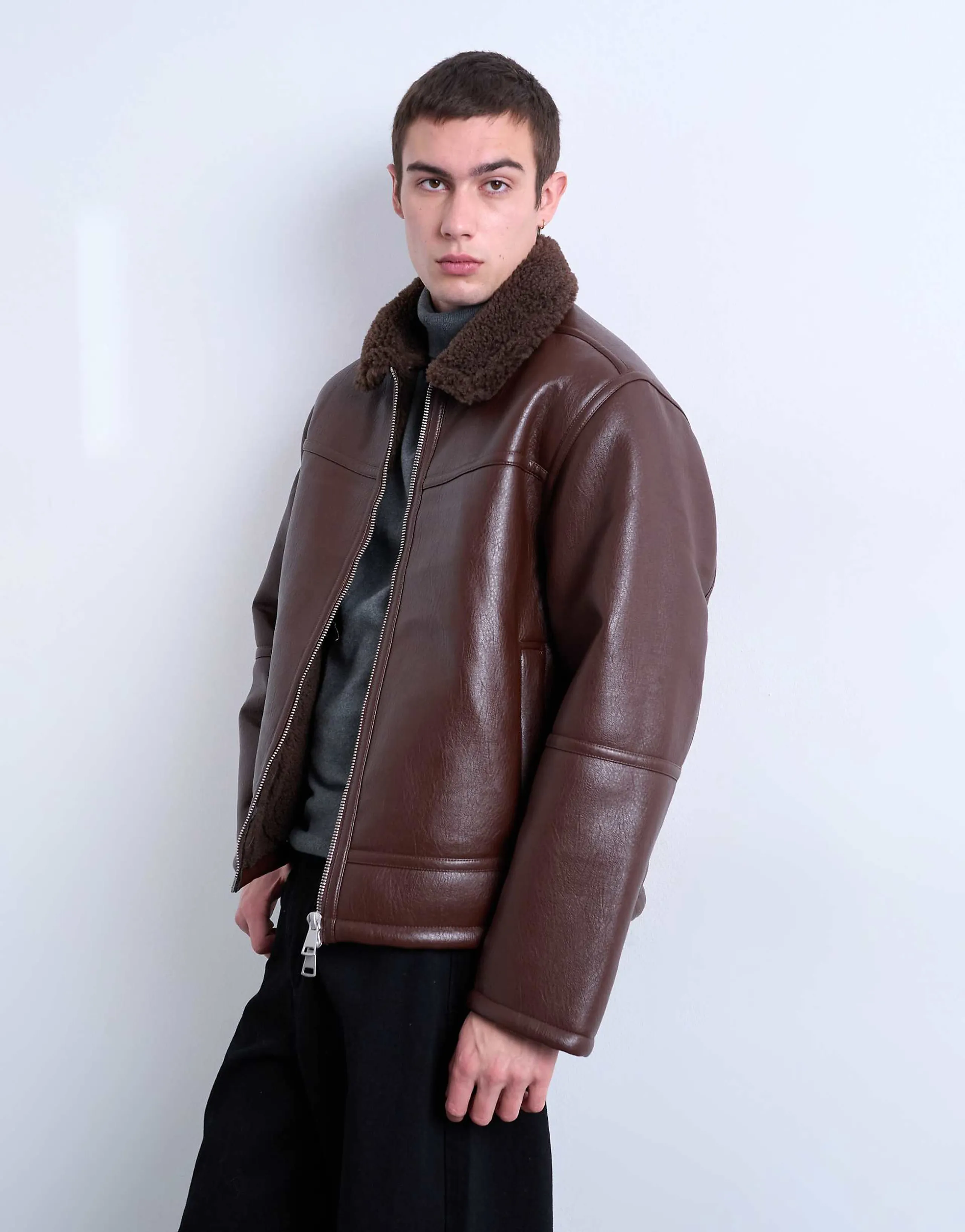 Topman faux shearling jacket with zip pockets in brown