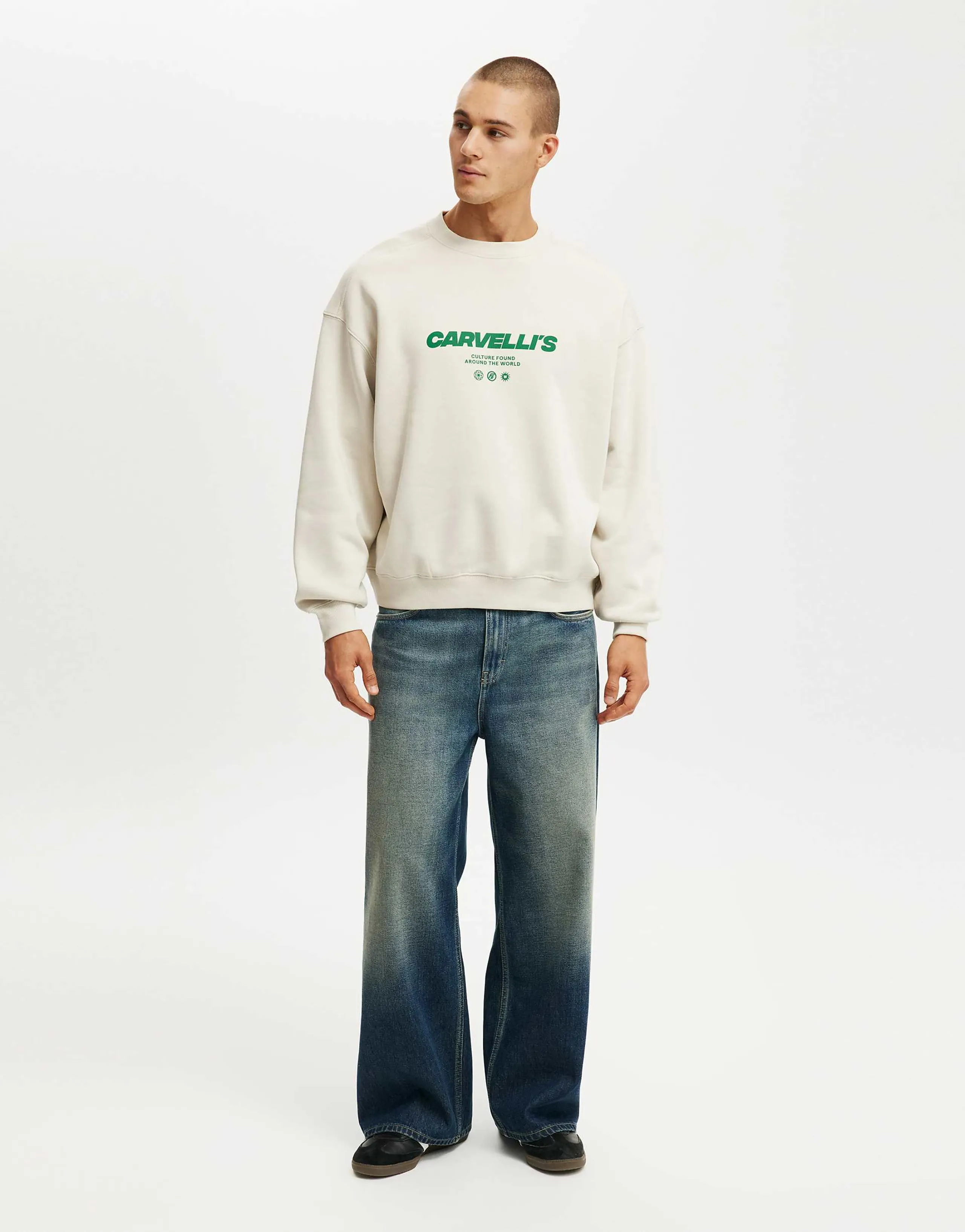 Cotton On boxy fit graphic crew neck sweater in bone / carvelli's  