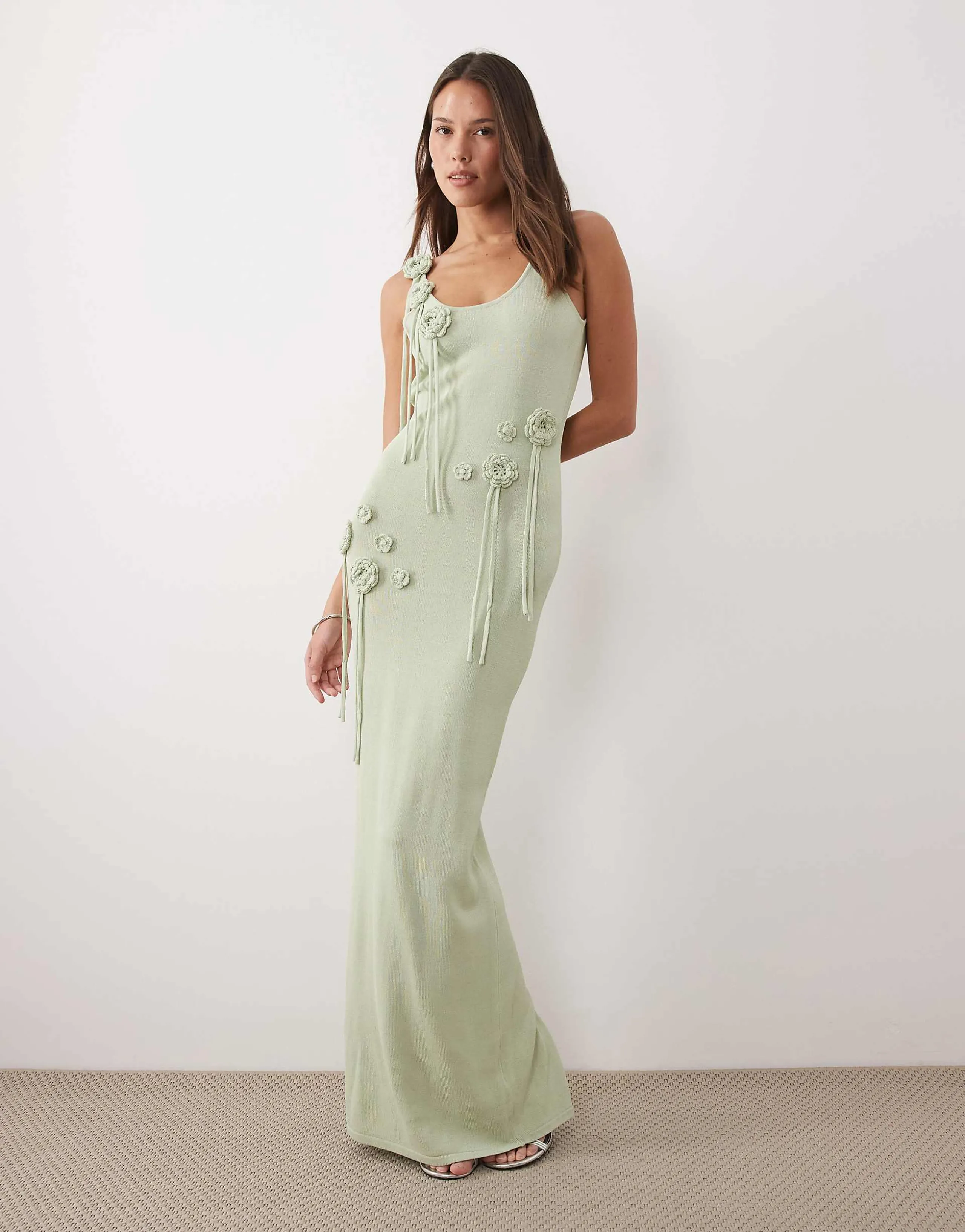 Wanderdoll exclusive Lillie knit scoop neck corsage tassel detailing maxi dress in sage
