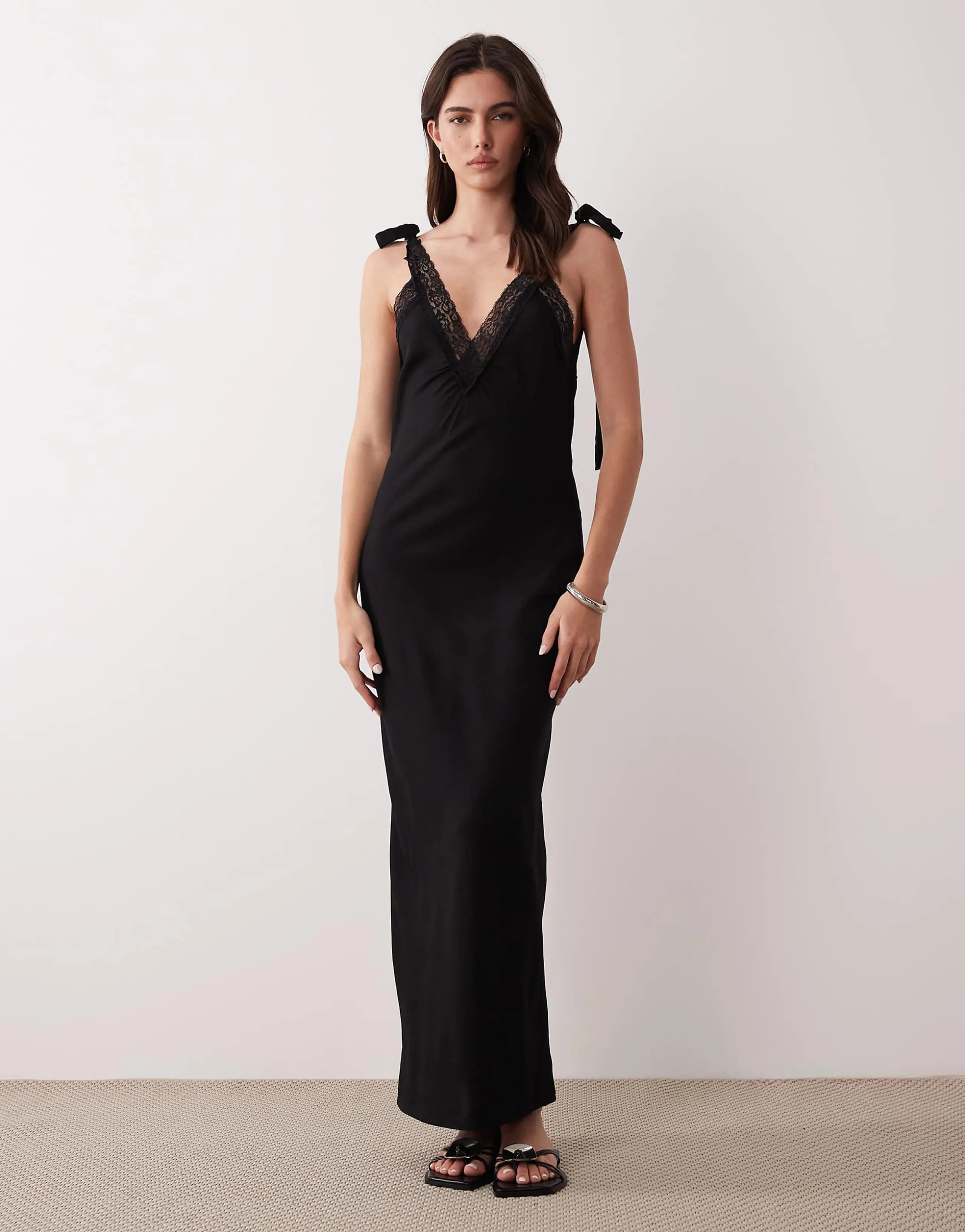ASOS DESIGN slip maxi dress with lace trim and ties in black