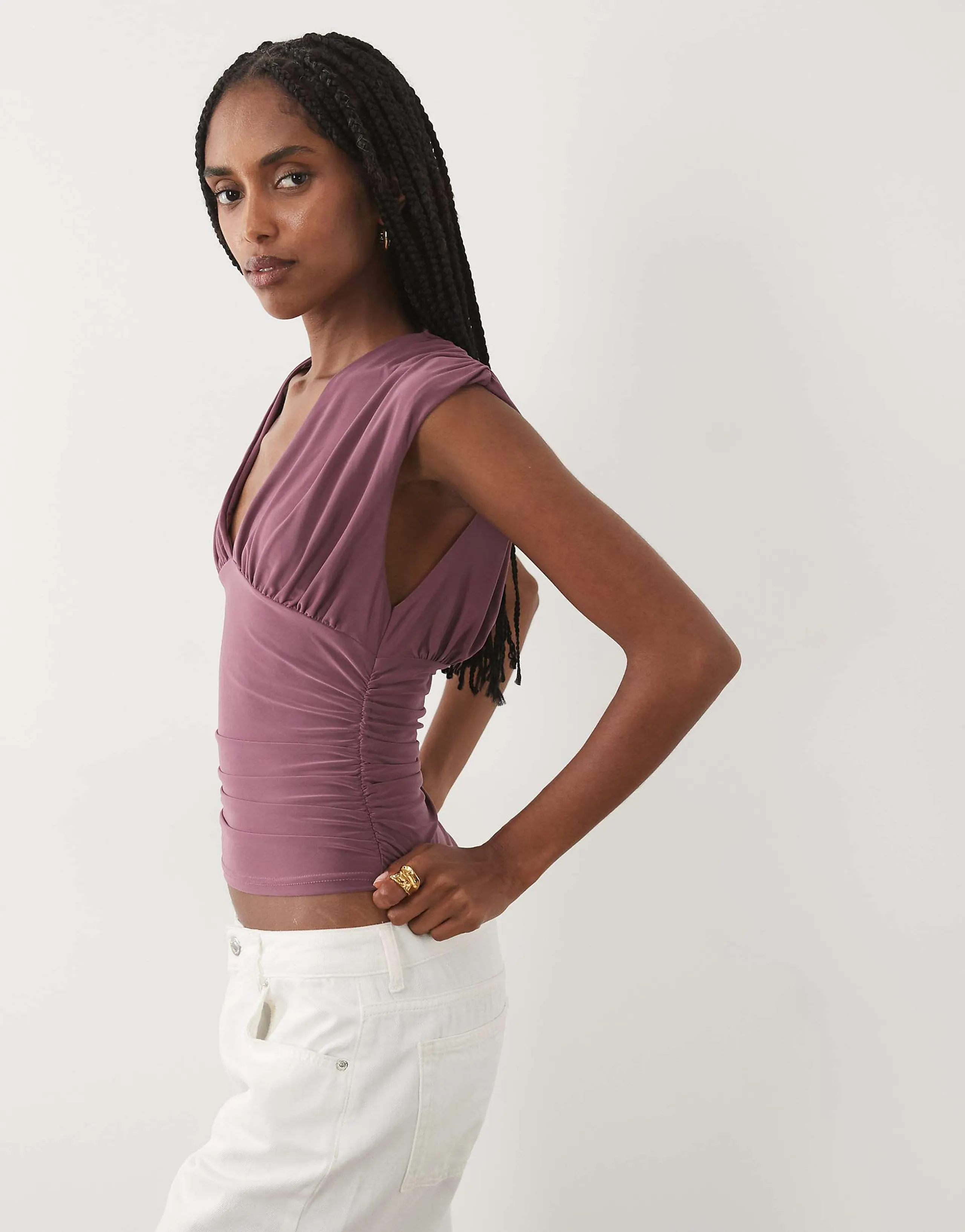 Miss Selfridge v-neck ruched tank top in plum