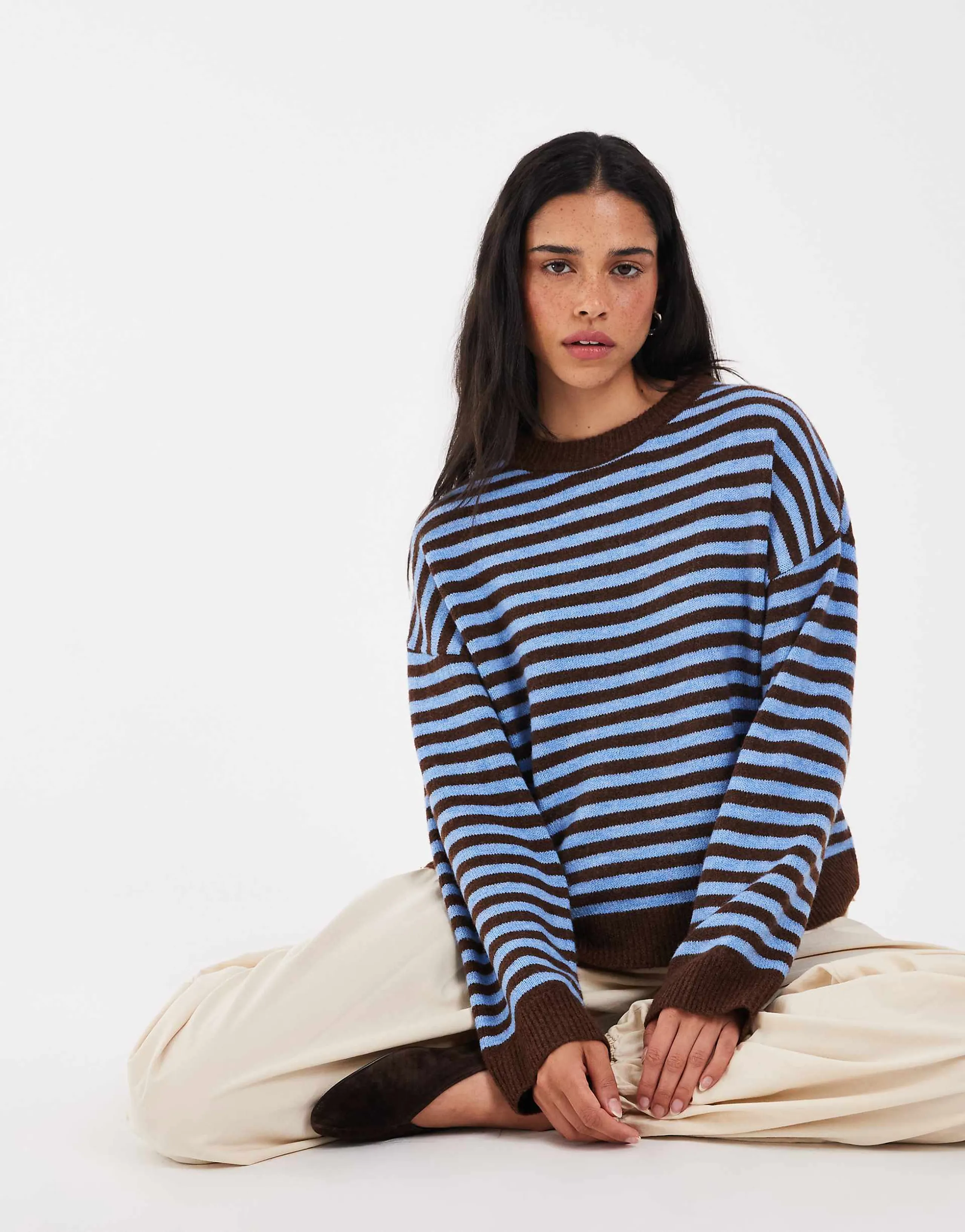 ONLY drop shoulder knit sweater in brown & blue stripes