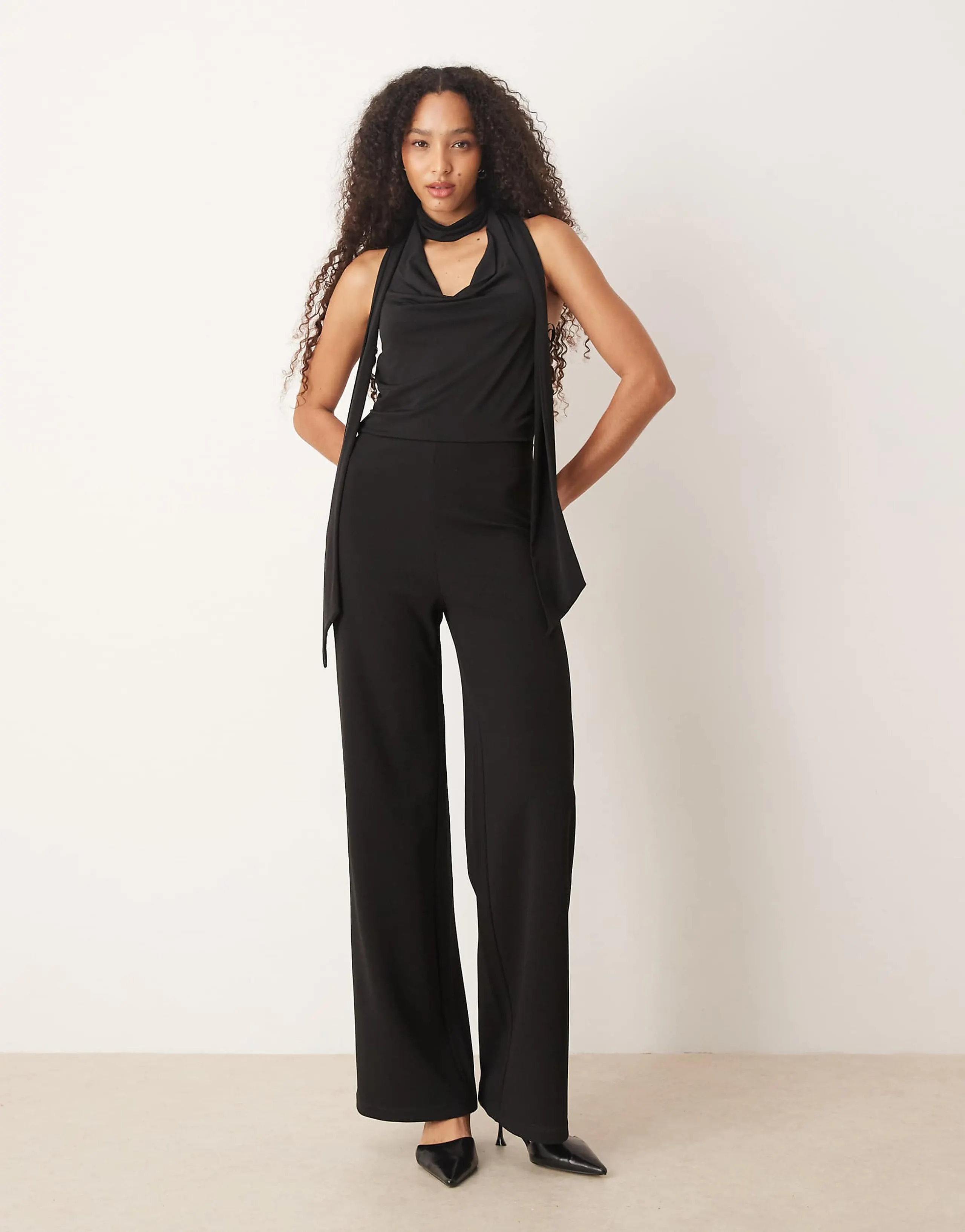 Mango cowl neck halter jumpsuit in black