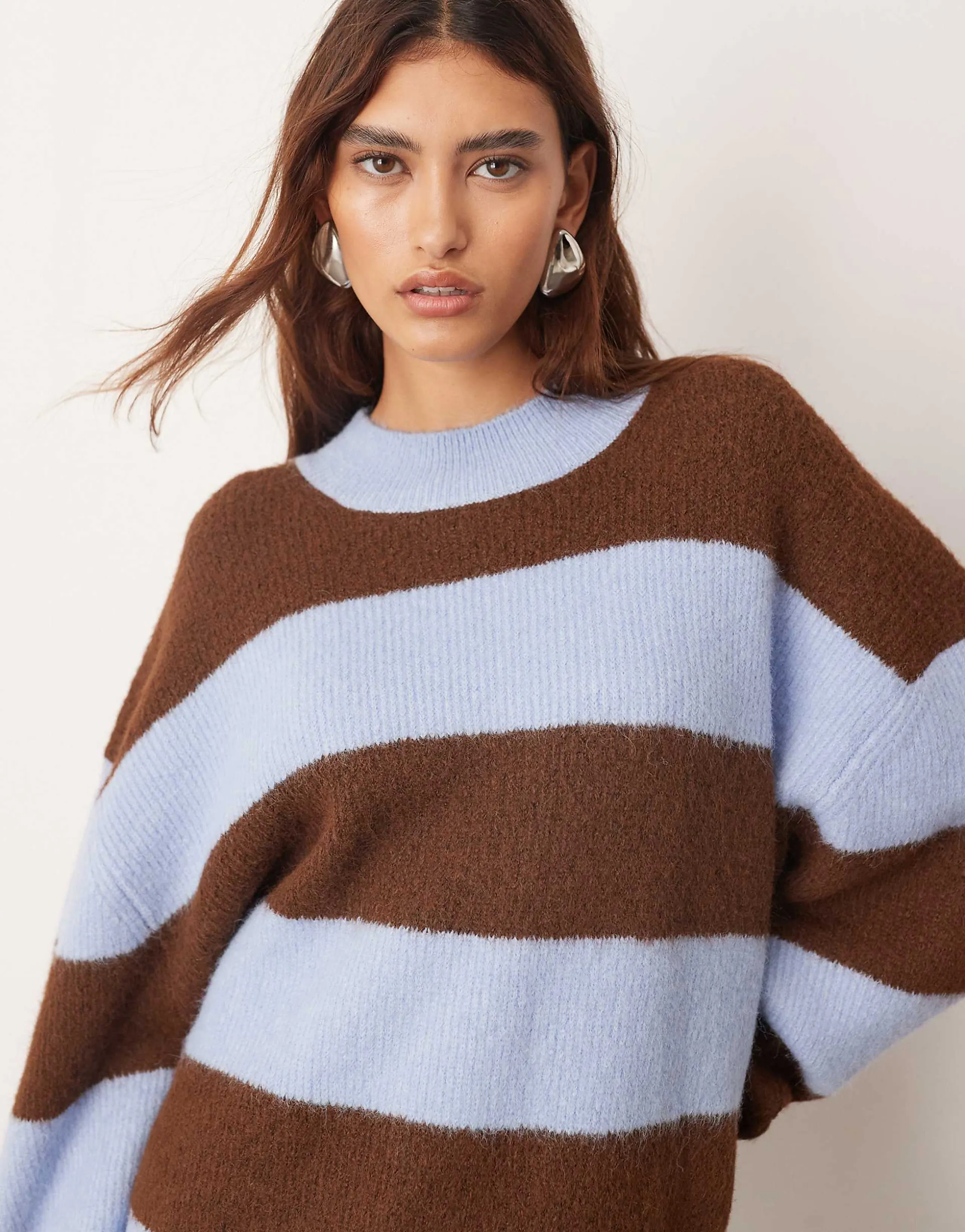 ARRANGE oversized crew neck knit striped sweater in blue and chocolate