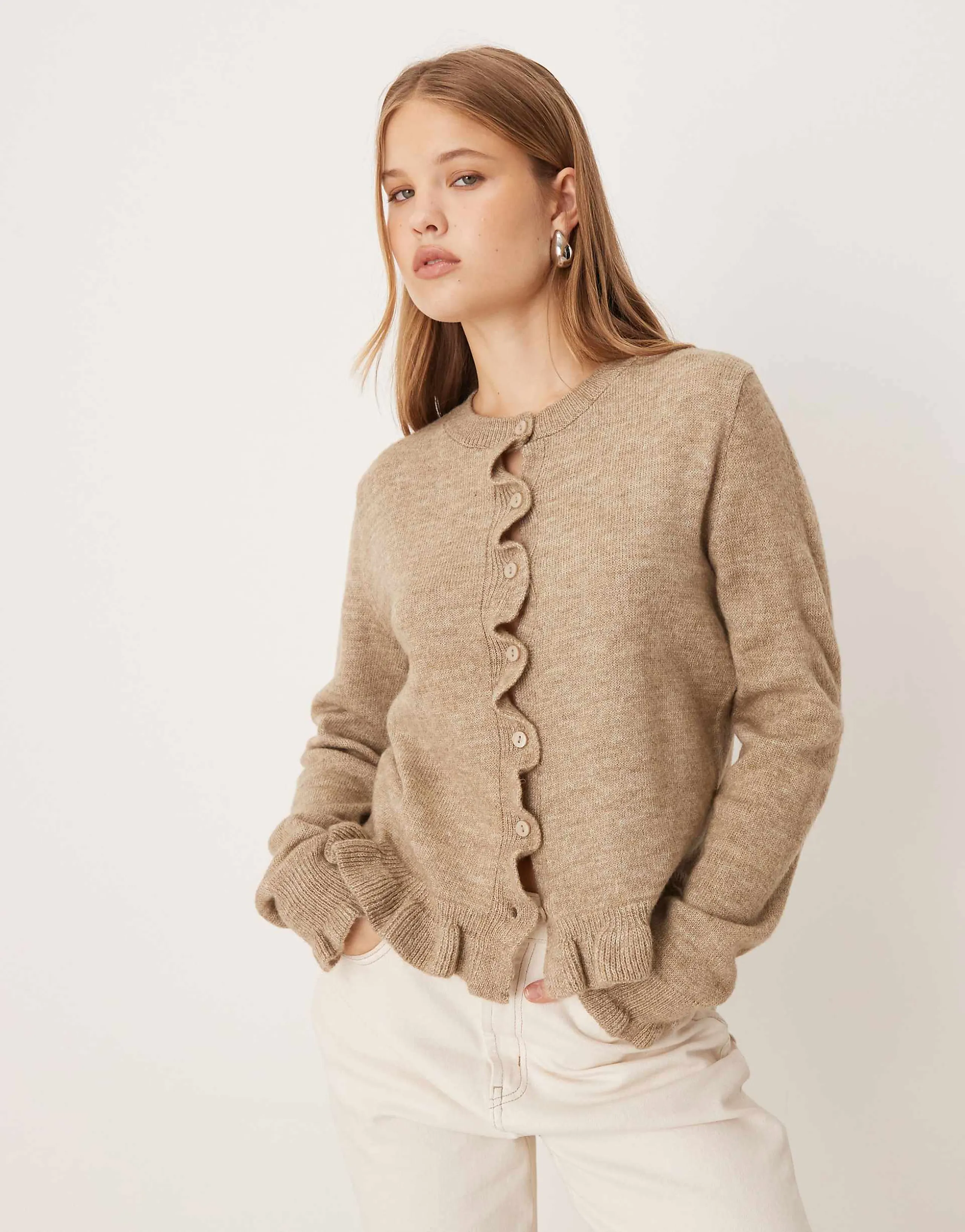JDY frill details knit cardigan in dark beige