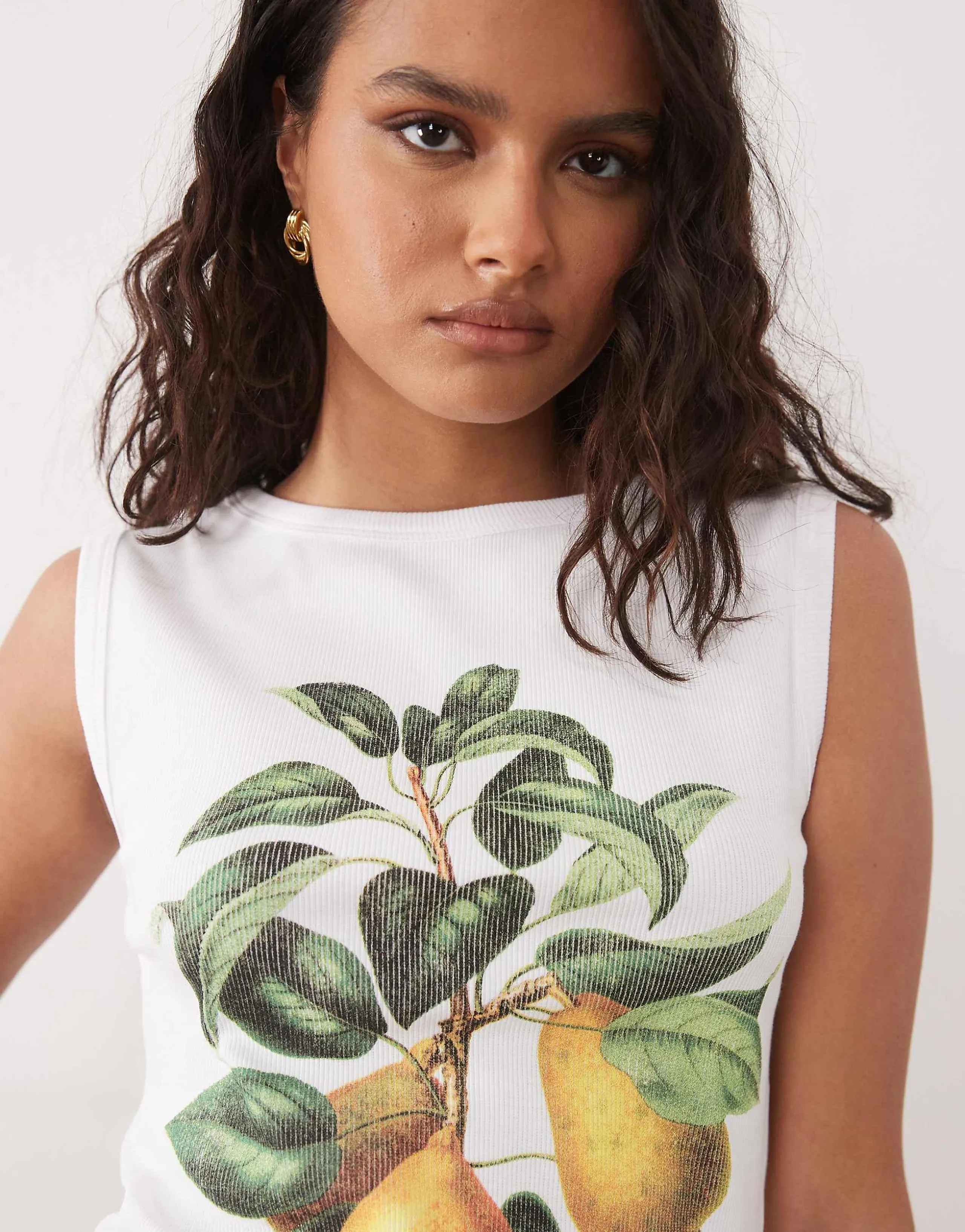 ASOS DESIGN ribbed slash neck tank top with vintage fruit graphic in white