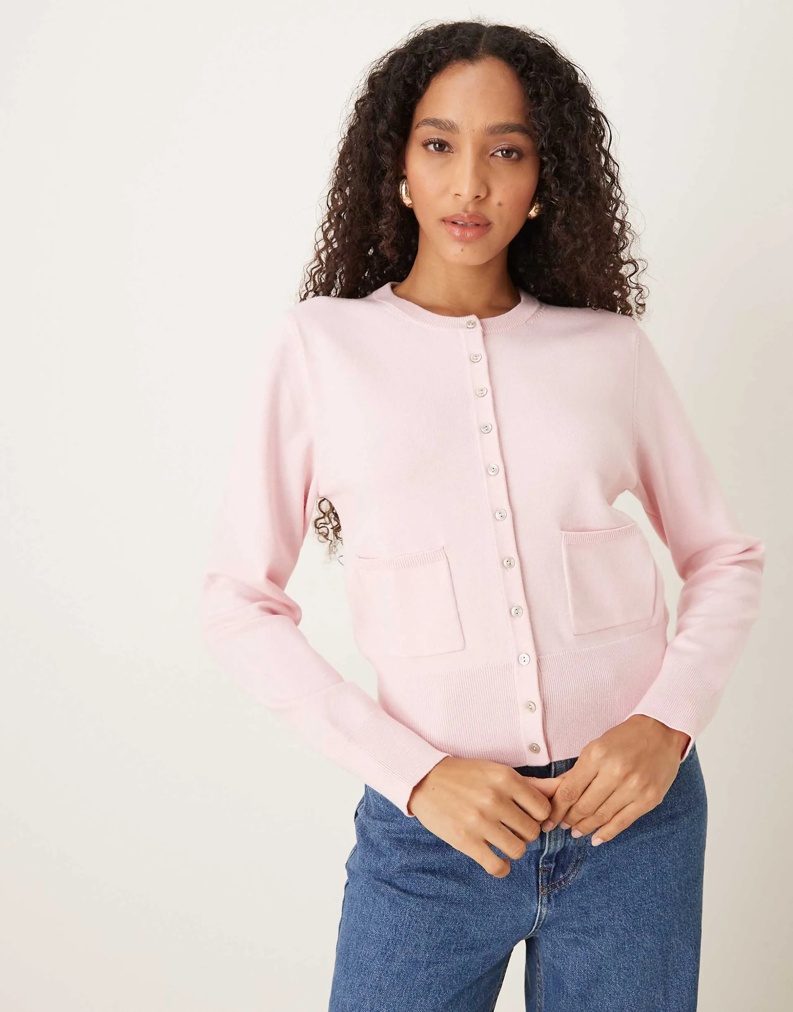 Nobody's Child crew neck micro knit cardigan in pink