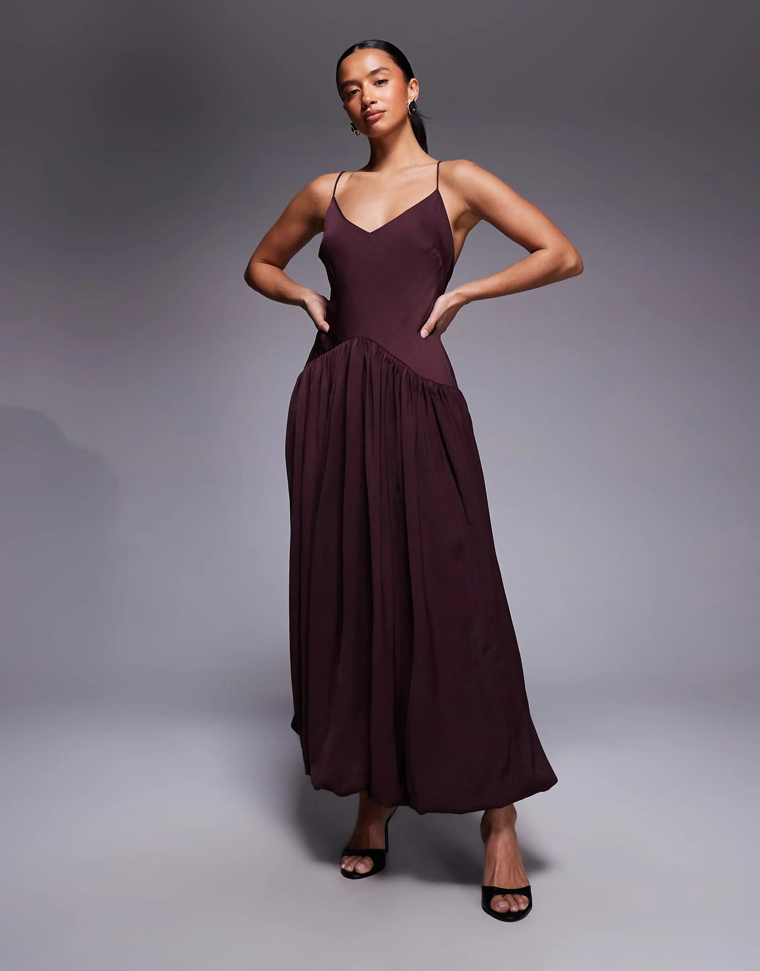 ASOS DESIGN Petite bias cut midaxi dress with bubble skirt in plum