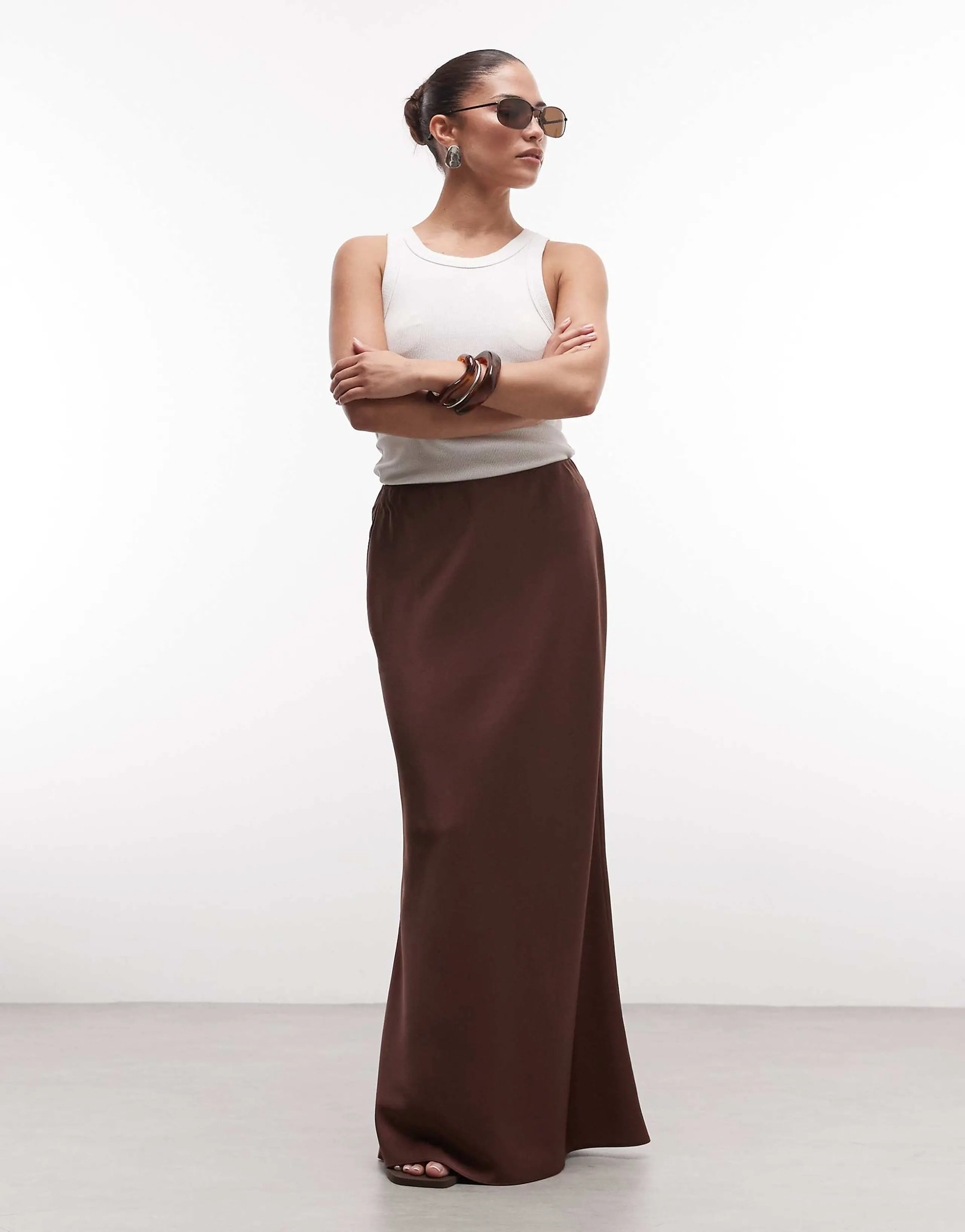 ASOS DESIGN Petite bias cut satin maxi skirt in dark brown