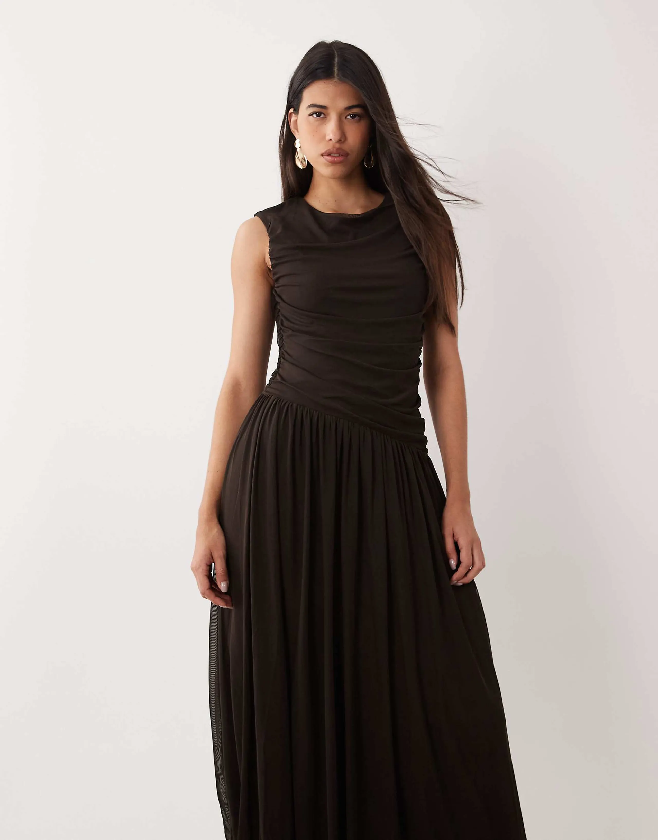 Vero Moda sleeveless ruched detail maxi dress with asymmetric waist in brown 