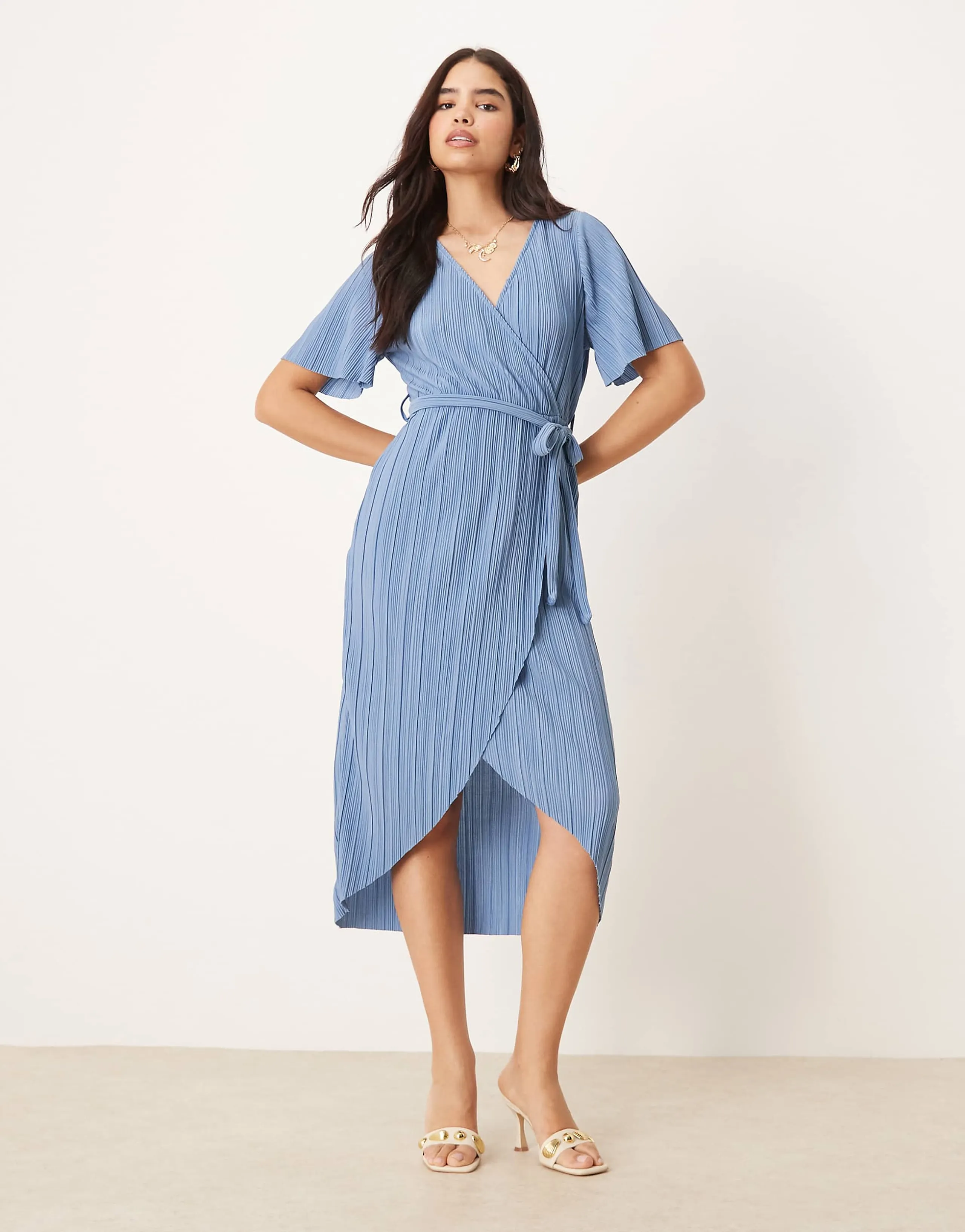 YAS plisse wrap midi dress in blue