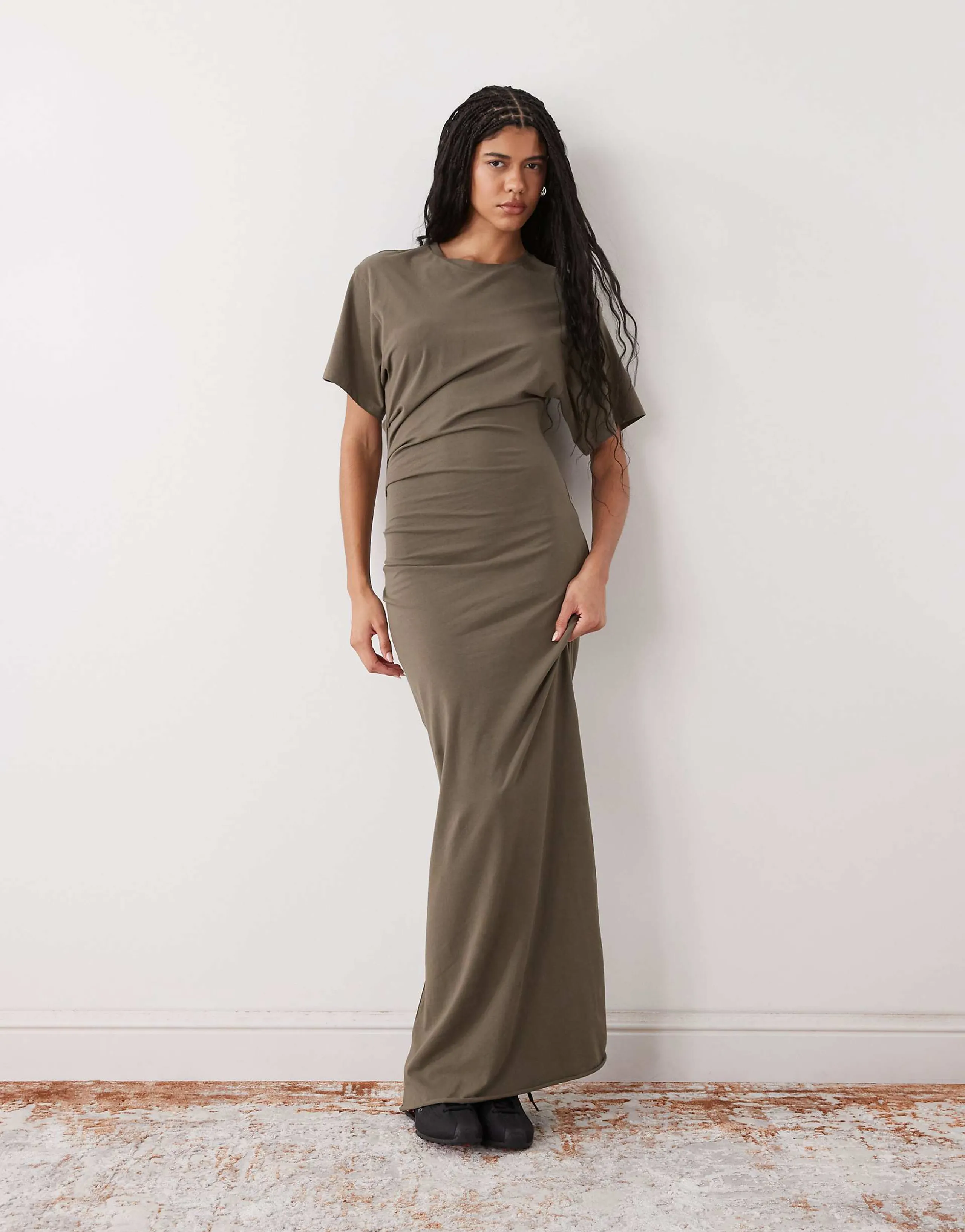 Weekday cinched waist jersey maxi dress in dark gray