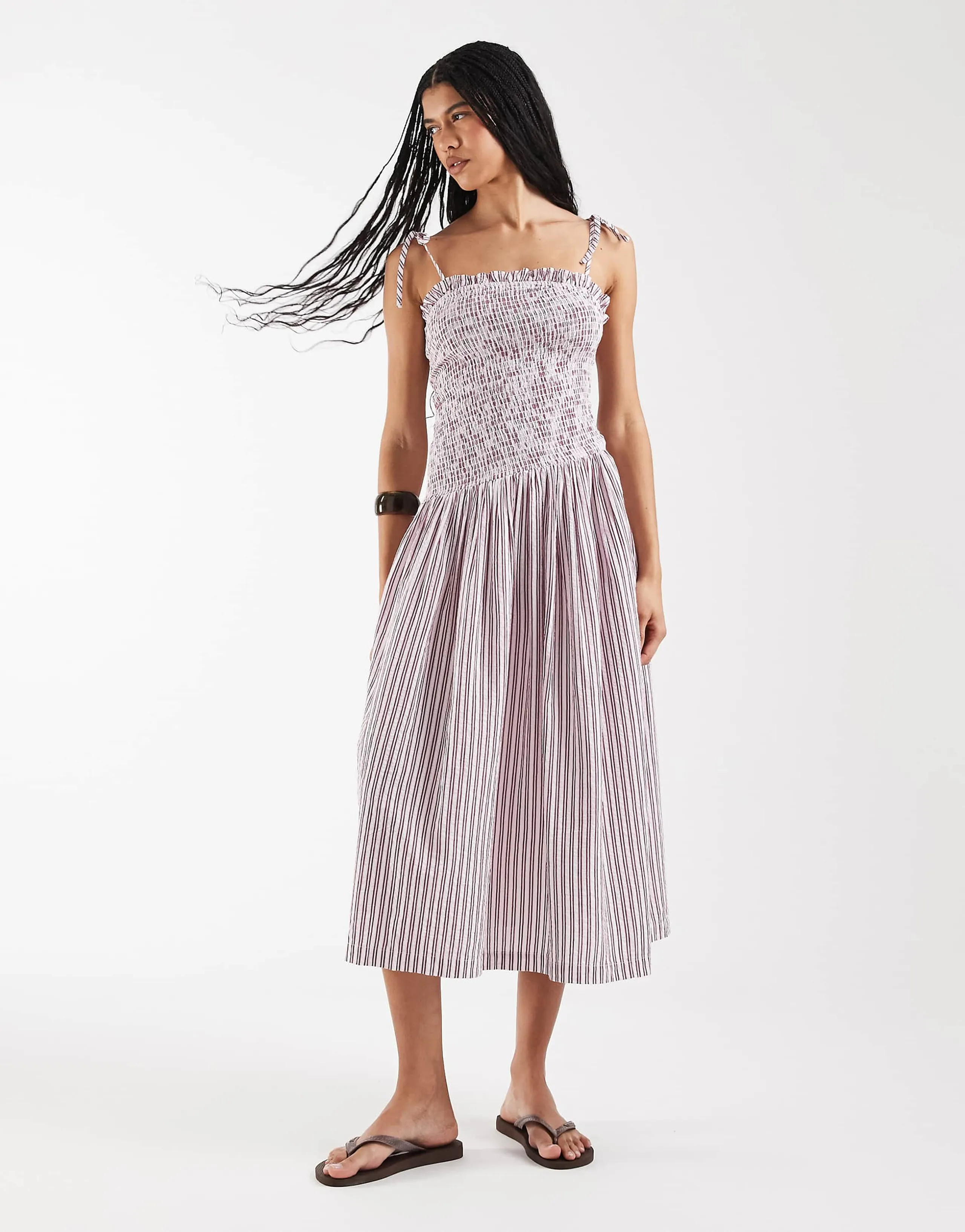 Reclaimed Vintage shirred bodice sundress in burgundy and cream stripe