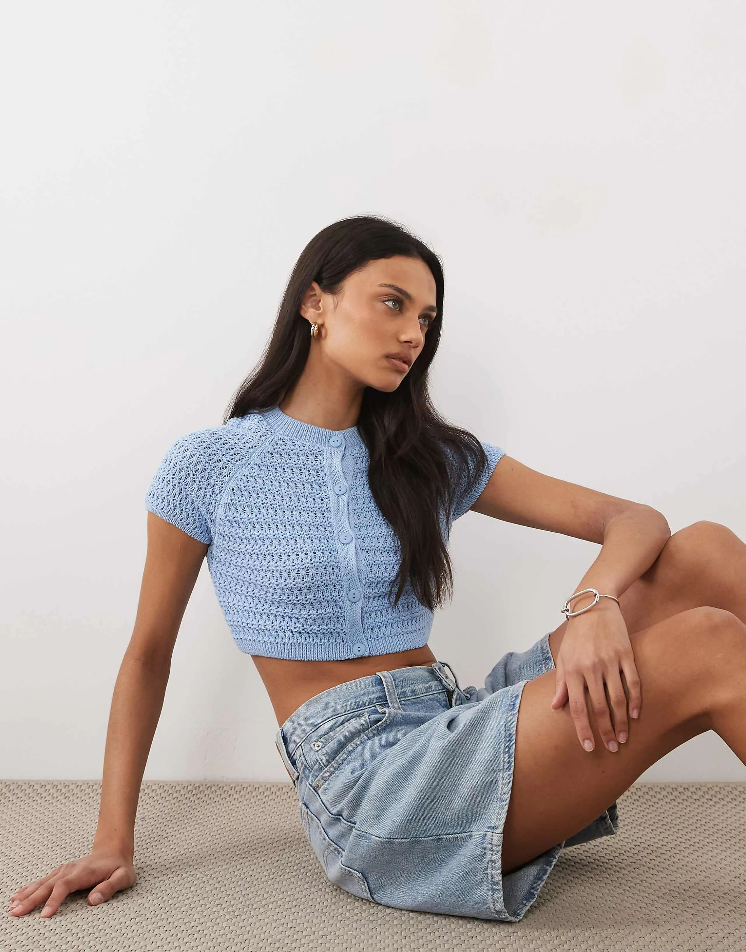 ASOS DESIGN crochet knit ultra cropped cardigan in blue