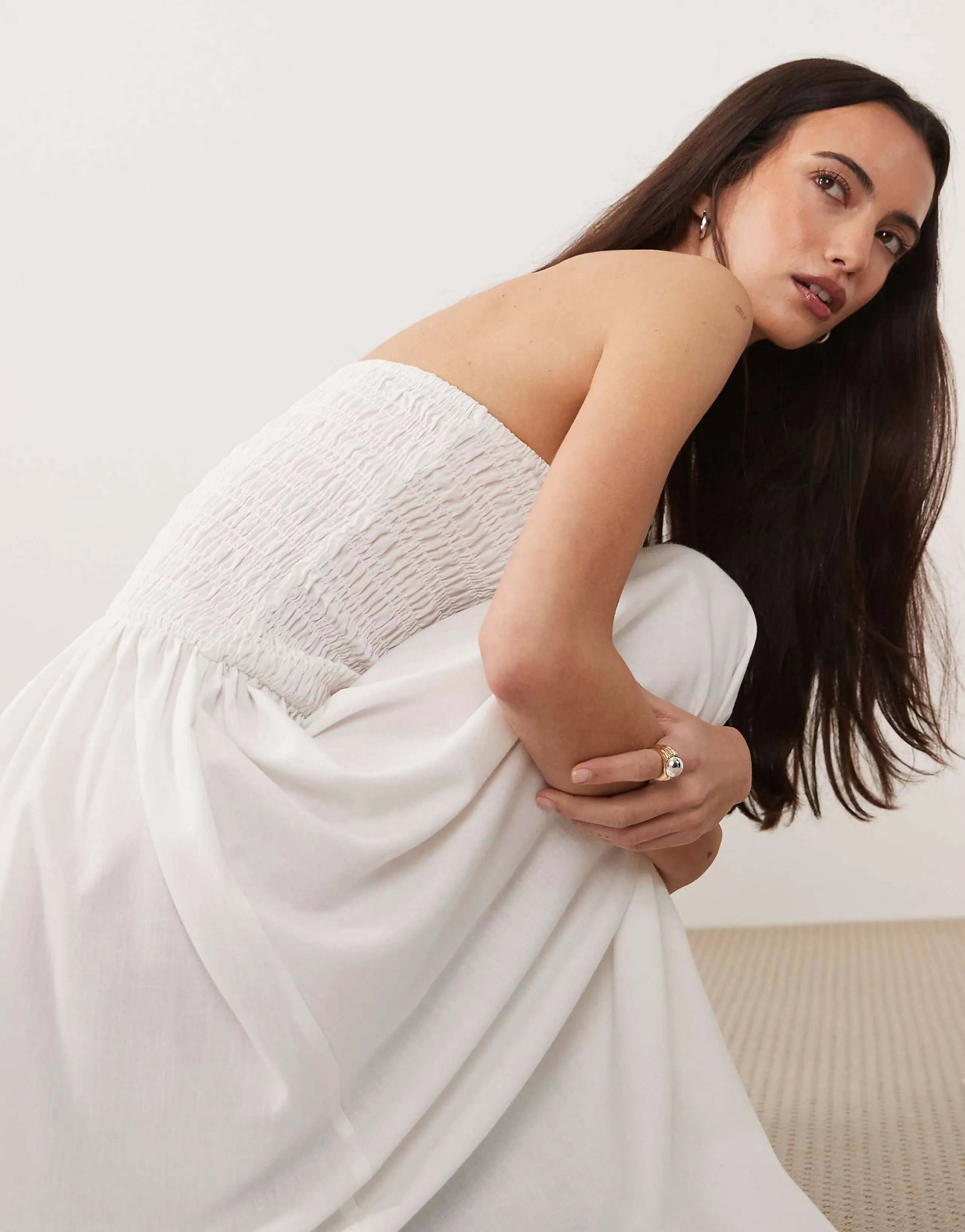 Brave Soul strapless midi dress with shirred bodice in white